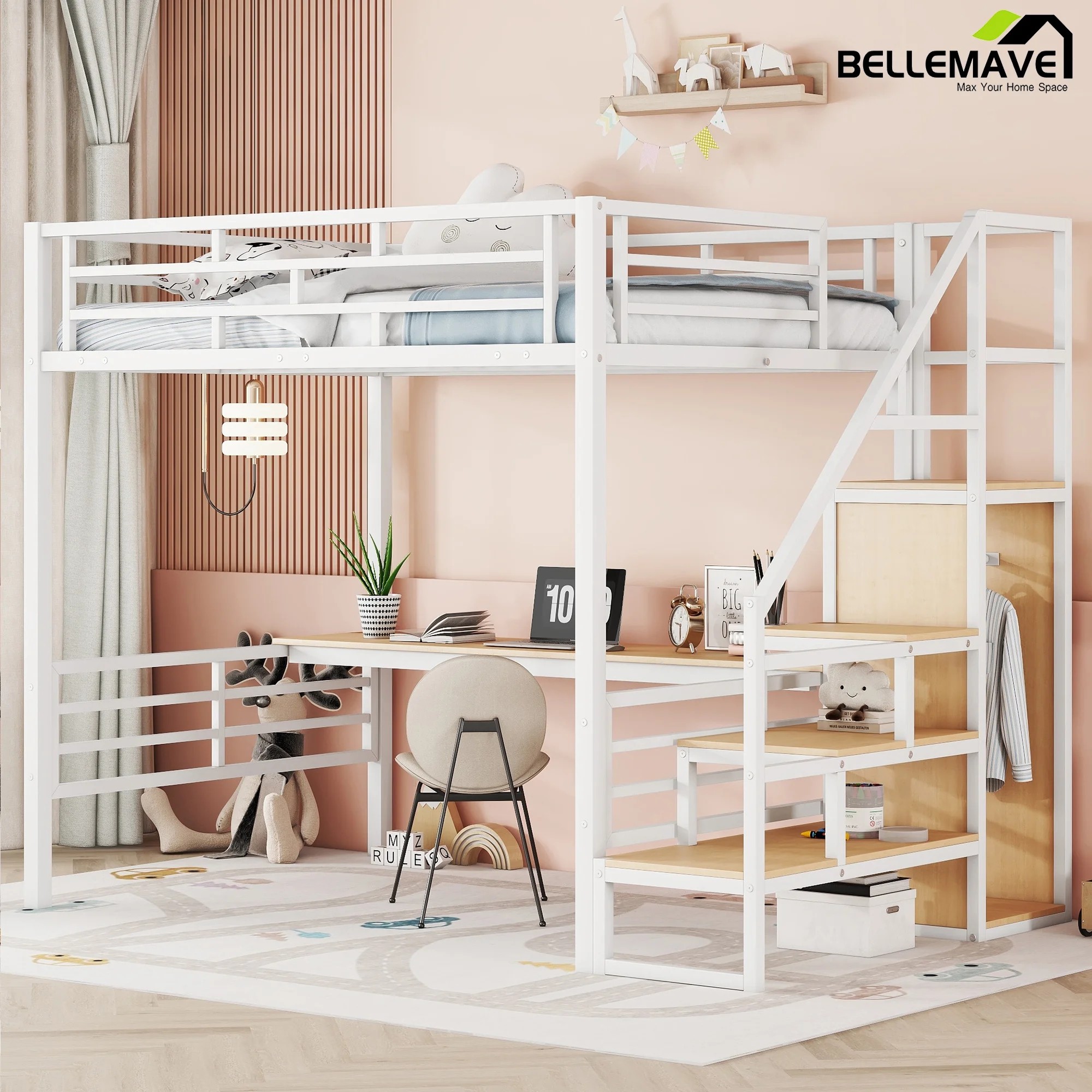 Bellemave Full Size Metal Loft Bed with Convertible Storage Staircase and Small Wardrobe, Heavy Duty Loft Bed Frame with Built-in Long Desk and Safety Guardrail for Kids,Teens, White