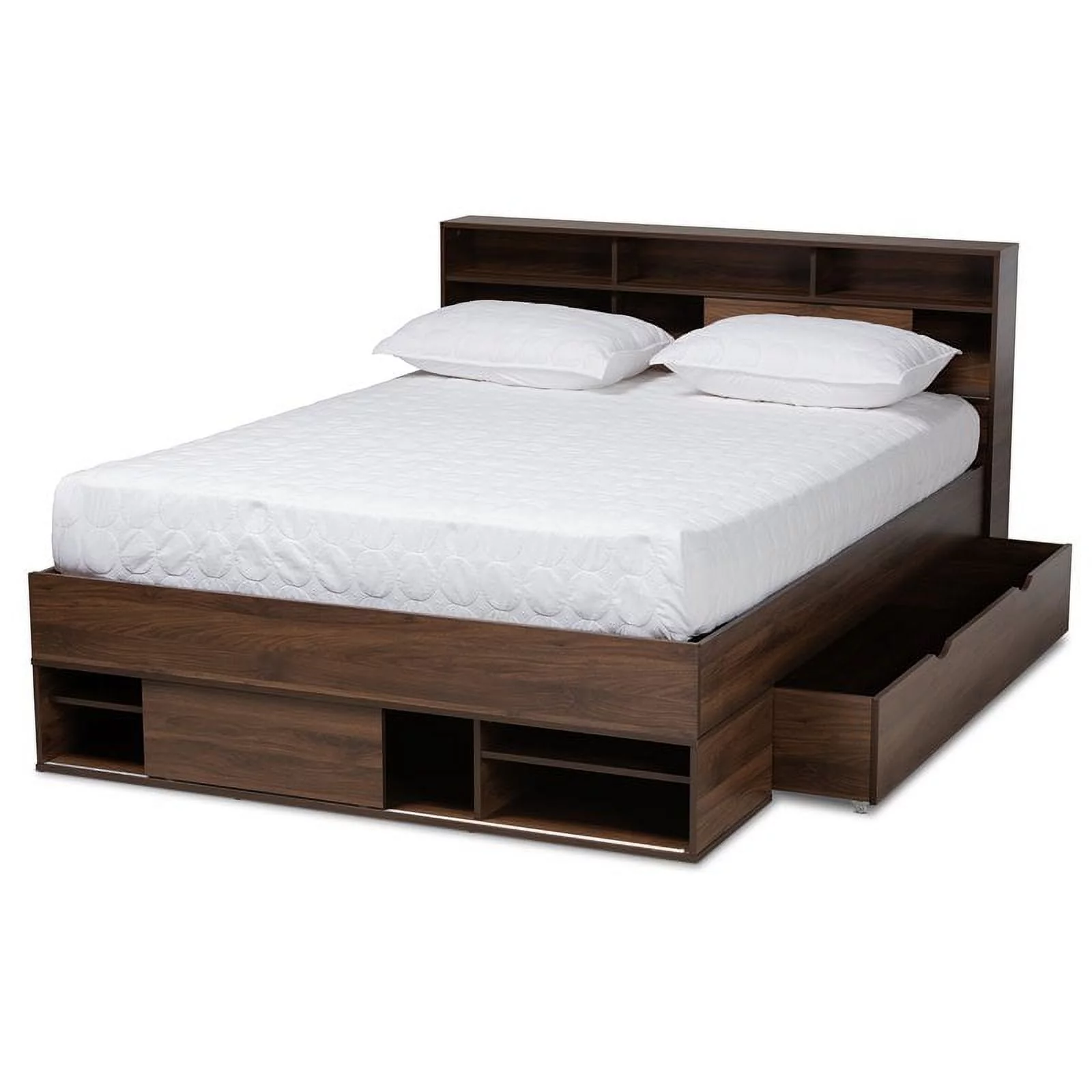 Bowery Hill Queen Size Walnut Wood 1-Drawer Wood Platform Storage Bed