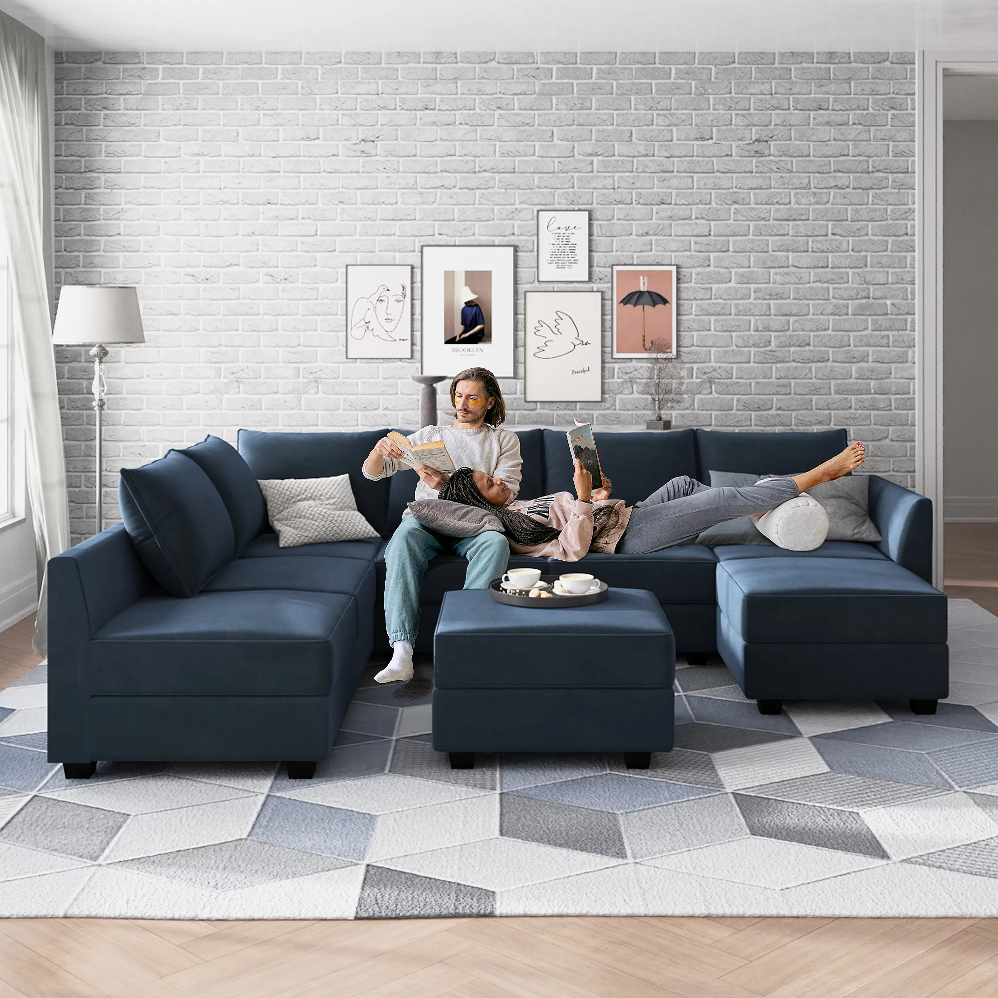 HONBAY Modular Sectional Sofa with Ottoman Oversized U Shaped Couch with Reversible Chaise Velvet Sleeper Modular Sofa Convertible Sectional Couch for Living Room, Dark Blue