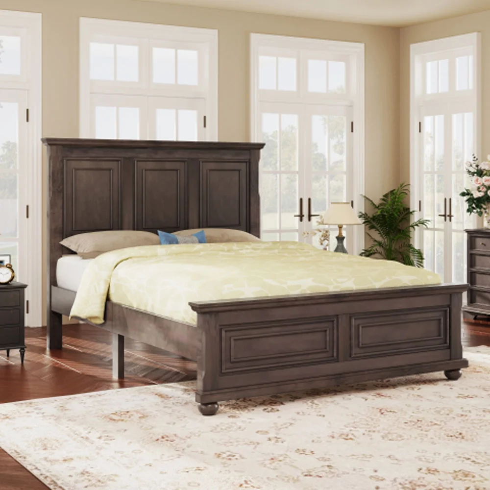 Traditional Town and Country Style Pinewood Vintage Queen Bed, Rich Brown