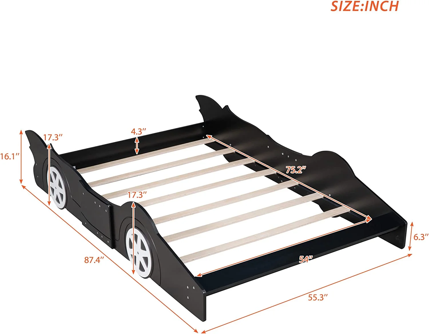 Full Size Race Car-Shaped Platform Bed with Wheels
