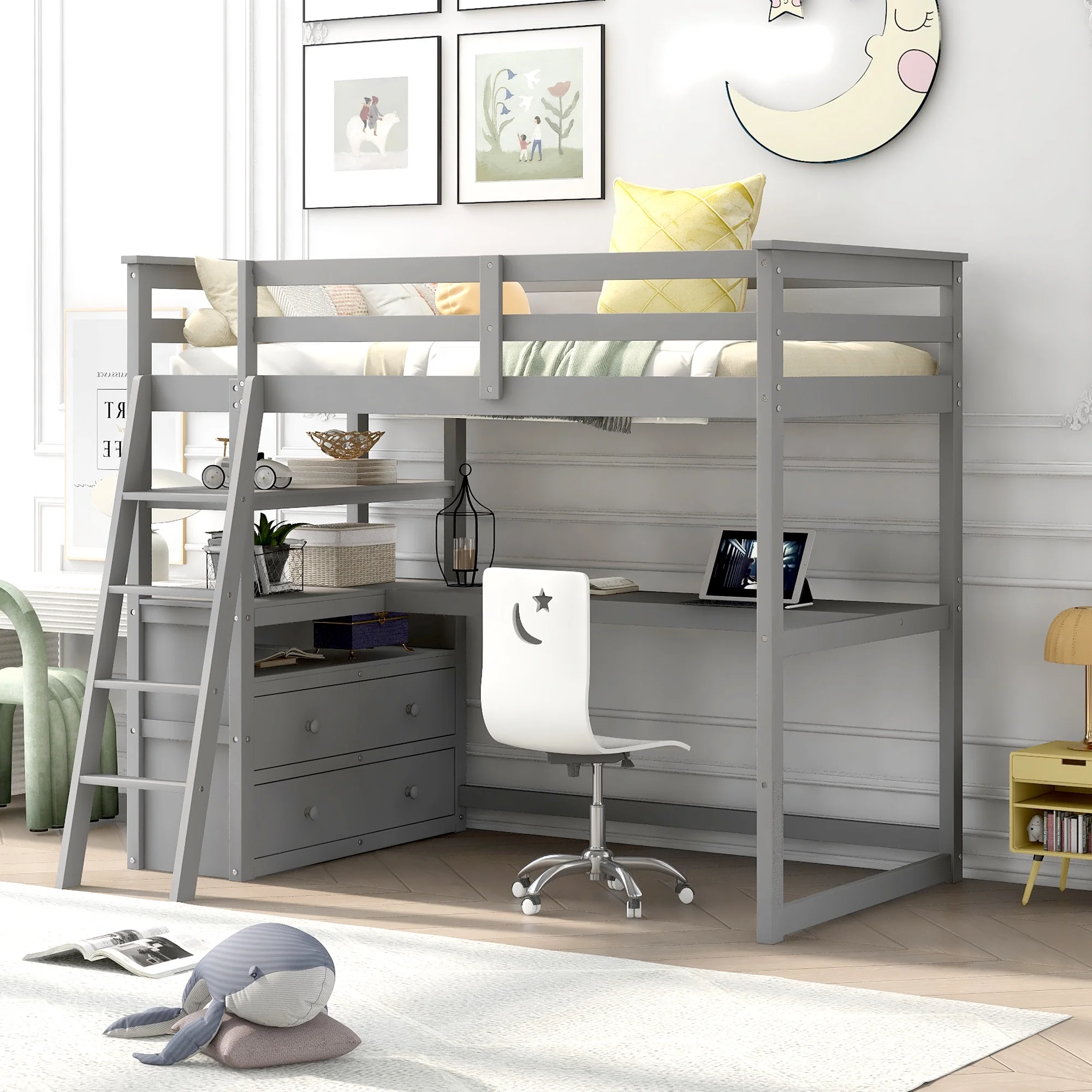 Euroco Twin Size Wood Loft Bed with Desk, Shelves and Cabinets for Kids Room, Incline Ladder and 3 Drawers, Gray