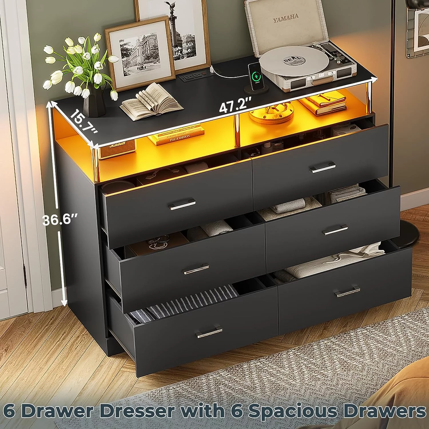 Afuhokles Black 6 Drawer Dresser for Bedroom with Column Design, Charging Station, Modern Bedroom Led Long Dresser