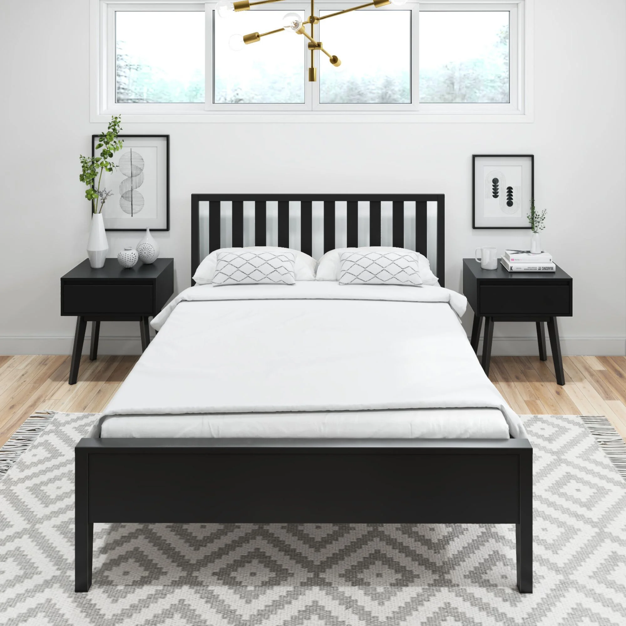Plank+Beam Scandinavian Full Size Bed Frame with Headboard, Solid Wood Adults Platform Bed, Black