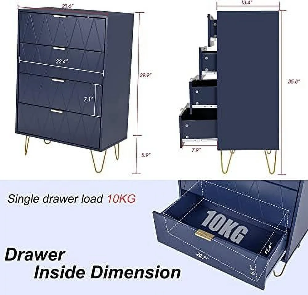 Grooved Pattern 4 Drawer Dresser Chest of Drawers with Gold Handles Navy Blue Dresser for Bedroom Living Room Entryway