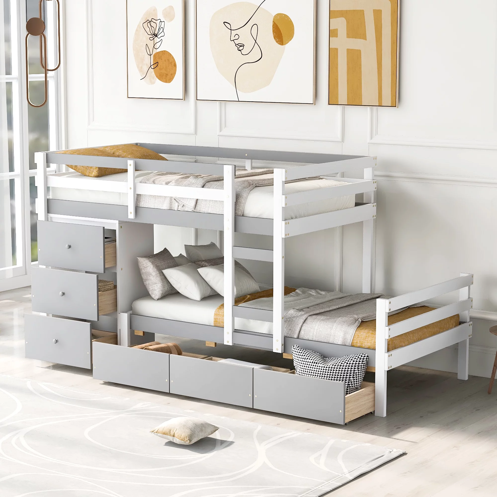 Churanty Twin Over Twin Bunk Bed with 6 Storage Drawers and Ladder, Solid Wood Space Saving Low Bunk Bed Frame for Kids Teens Bedroom Dorm,Gray