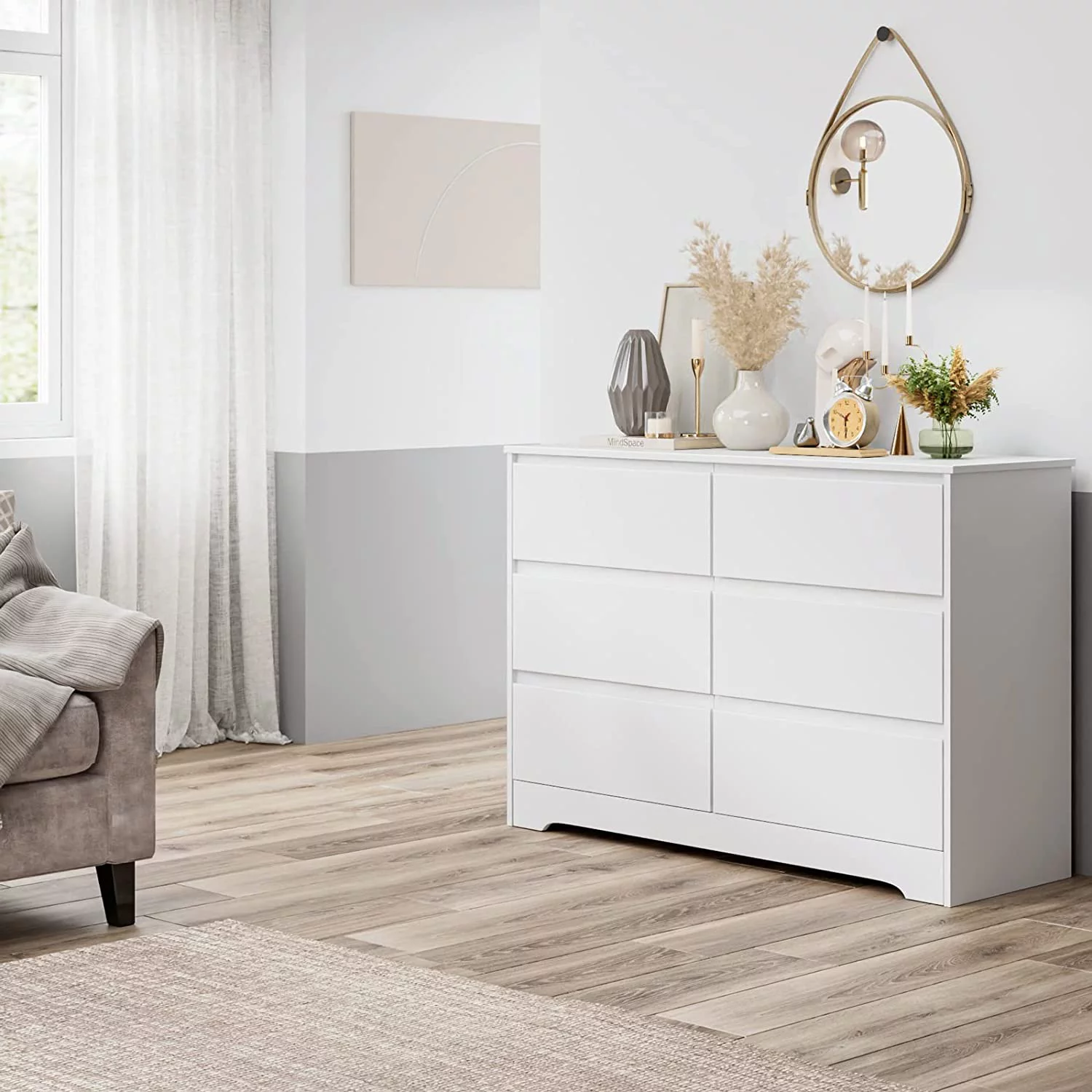 Popular 6 Drawer Double Dresser White Dresser for Bedroom Modern 6 Chest of Drawers with Deep Drawers Wide Storage Organizer Cabinet for Living Room Home