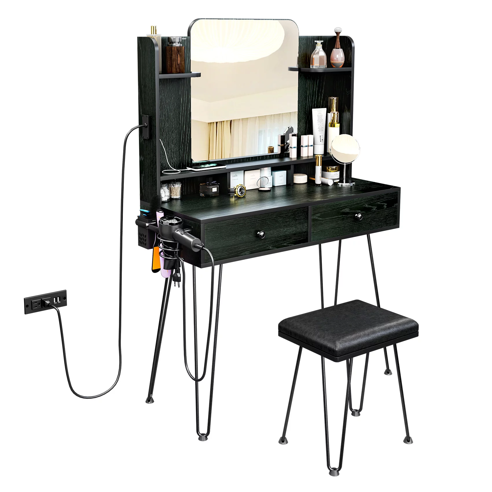 TC-HOMENY Makeup Vanity Table Set with Power Station, Dressing Table w/ Mirror & 2 Drawers, Vanity Desk for Bedroom, dressing room, Black