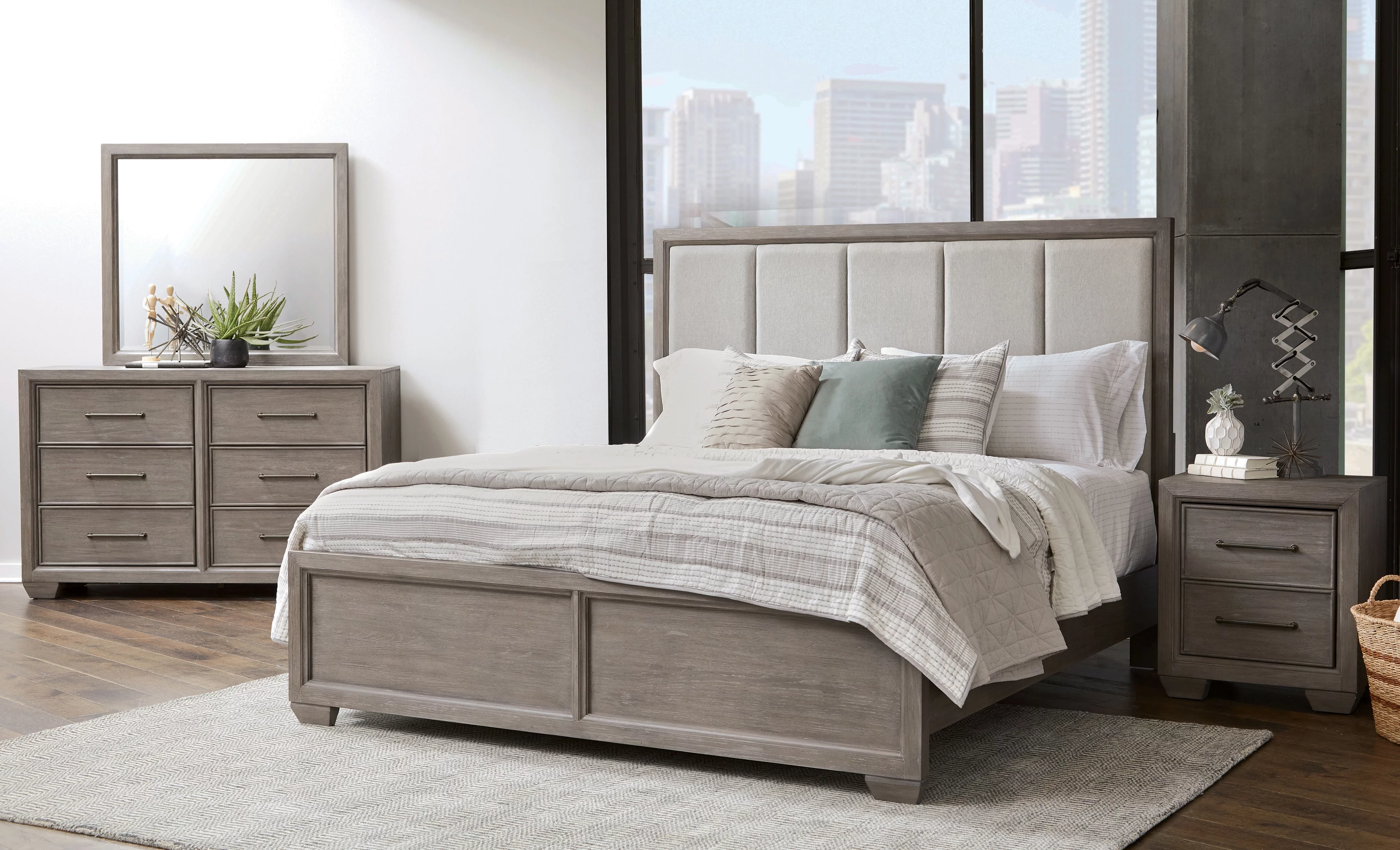 Ennesley Gray Wood Bedroom Set with Upholstered Panel King Bed, Dresser, Mirror, and Nightstand