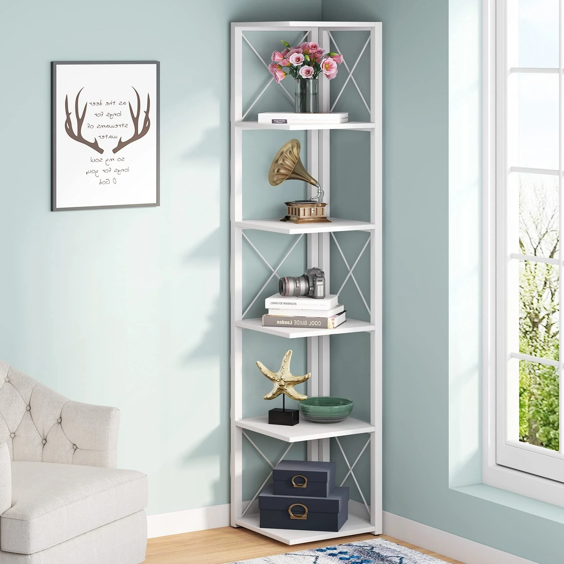 6-Tier Corner Shelf, 70.8 Inch Tall Corner Bookshelf Etagere Bookcase for Living Room Assembly Required Brown Modern & Contemporary