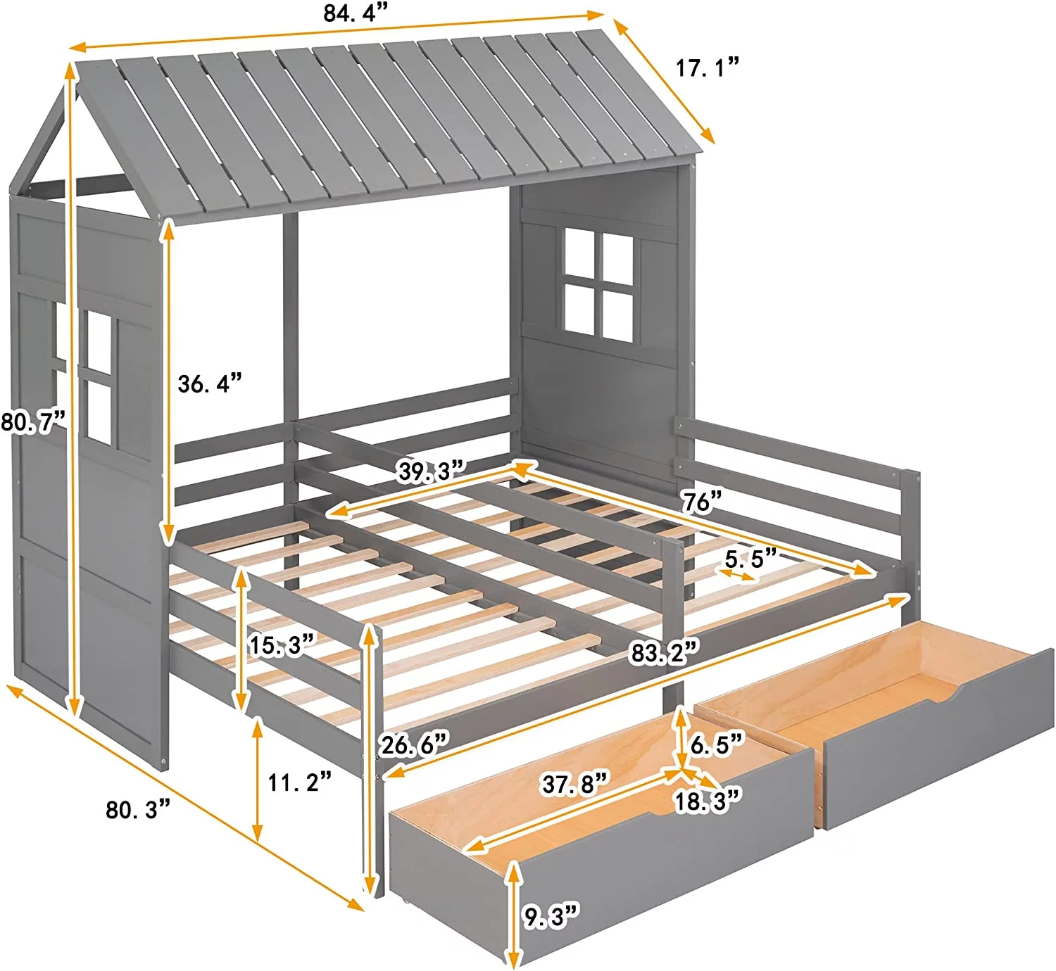 House Double Bed Frames Wih Sorage For Kids, 2 Solid Wood Plaform Beds, Monessori Bed Wih Rails And Roof, Gray
