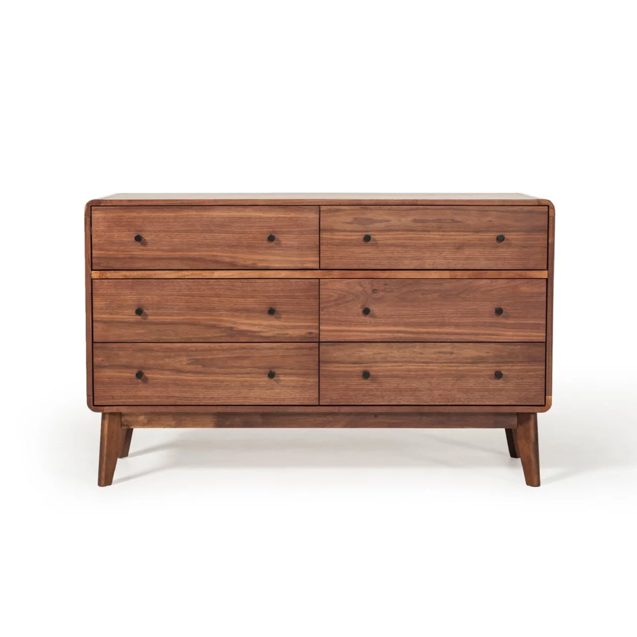 Cid 51 Inch Modern Dresser, 6 Drawers, Angled Legs, Double Handles, Walnut- Saltoro Sherpi
