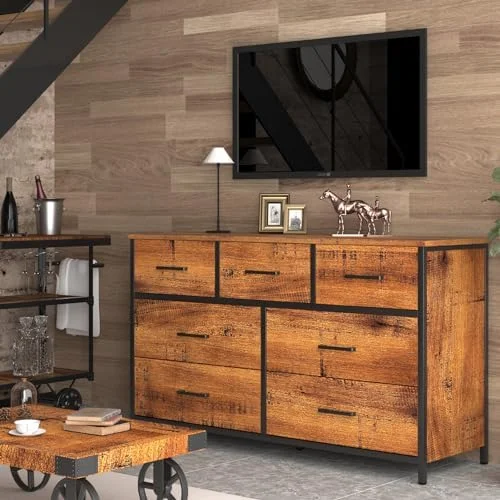 7 Drawer Wood Dresser Industrial Chests of Drawers with Sturdy Steel Frame Accent Wood Dresser for Bedroom