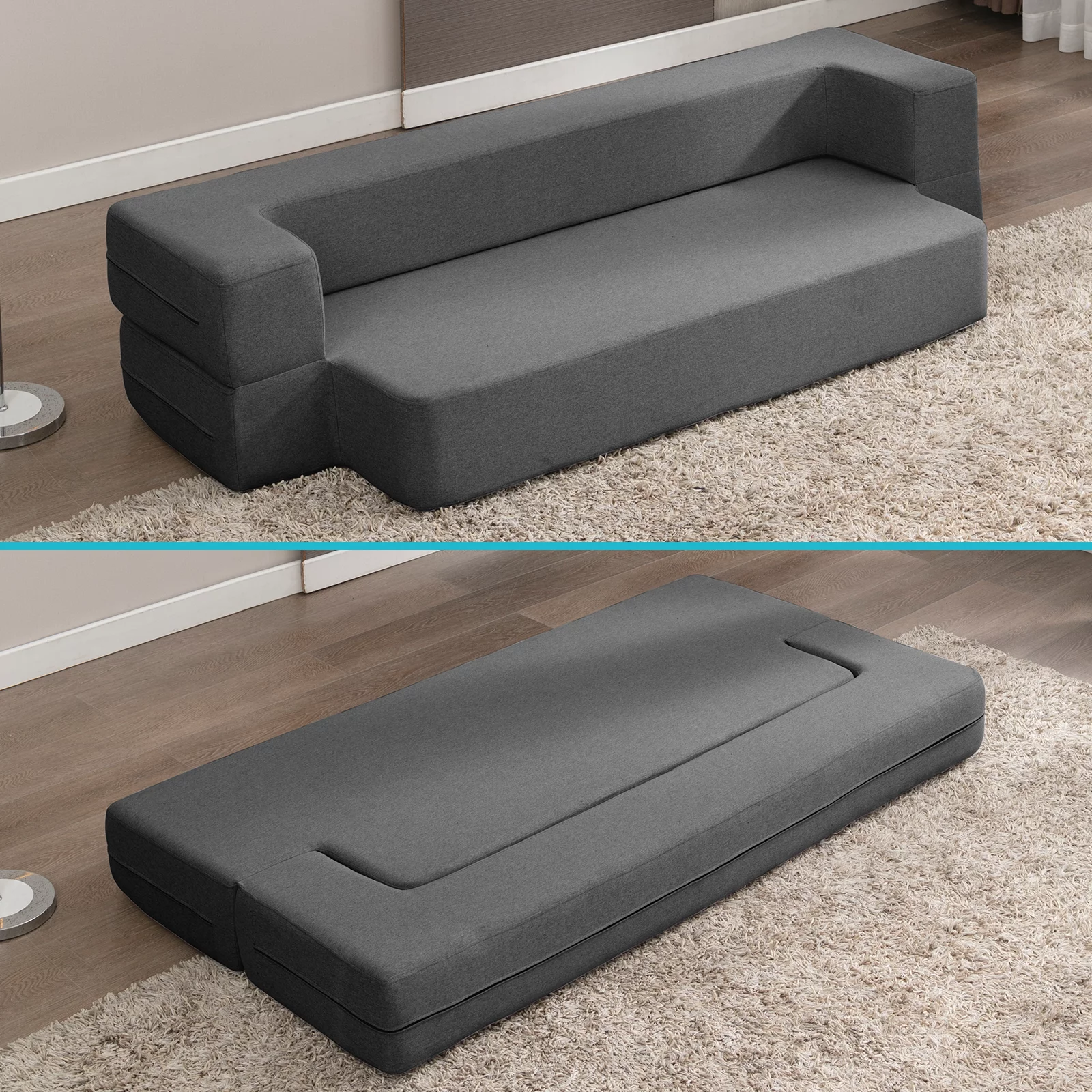 BALUS Folding Sofa Bed, Convertible Sleeper Sofa Bed Queen,Floor Couch Bed,Futon Sofa Bed Memory Foam Mattress,Floor Sofa Bed Twin for Living Room/Bedroom/Guest Room/Home Office,Dark Grey