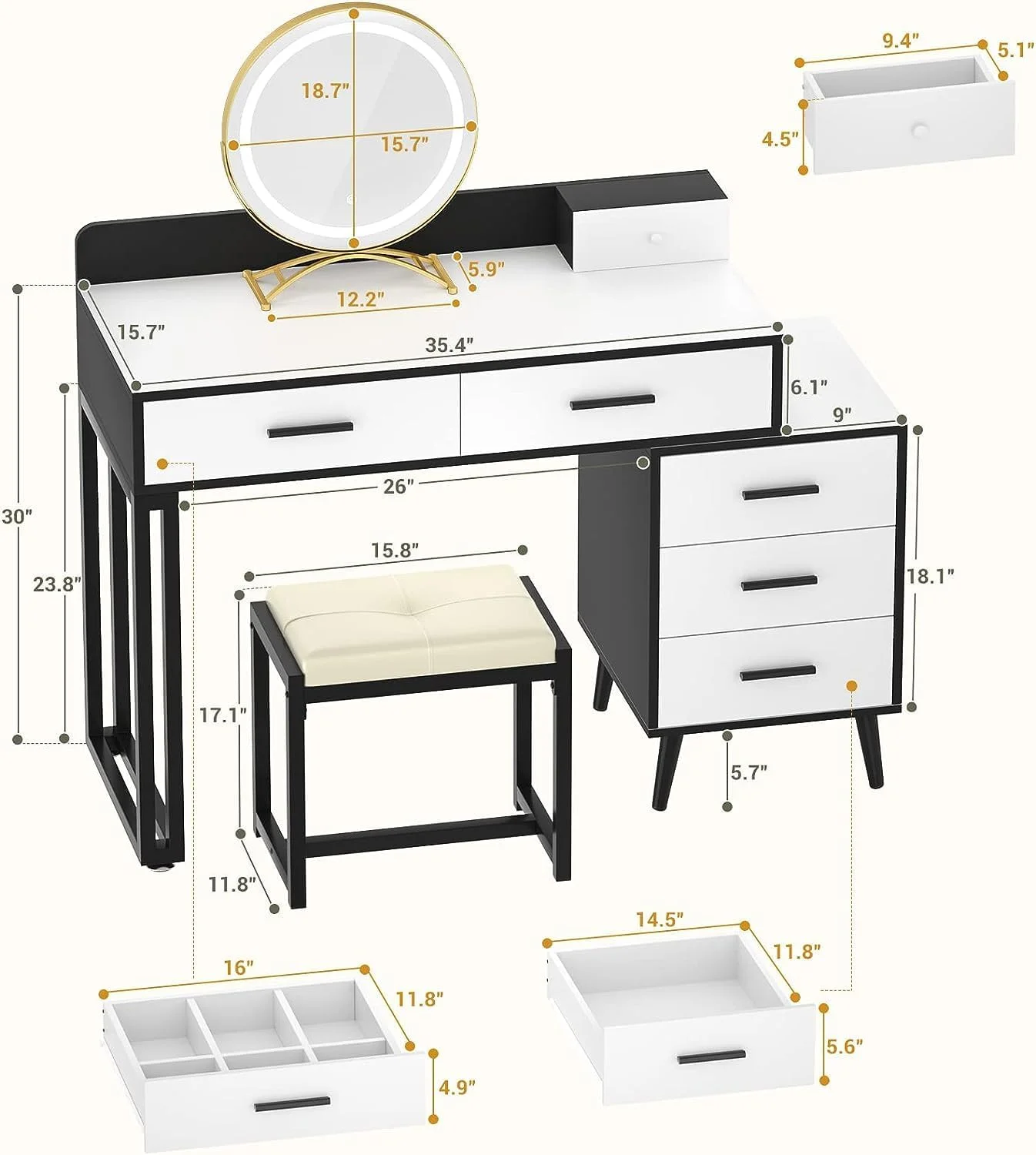 Vanity Makeup Mirror Desk with Lights, Small Vanity Desk with Drawers Dressing Table Set with Stool for Bedroom, 3 Color Lighting Modes, Brightness Adjustable