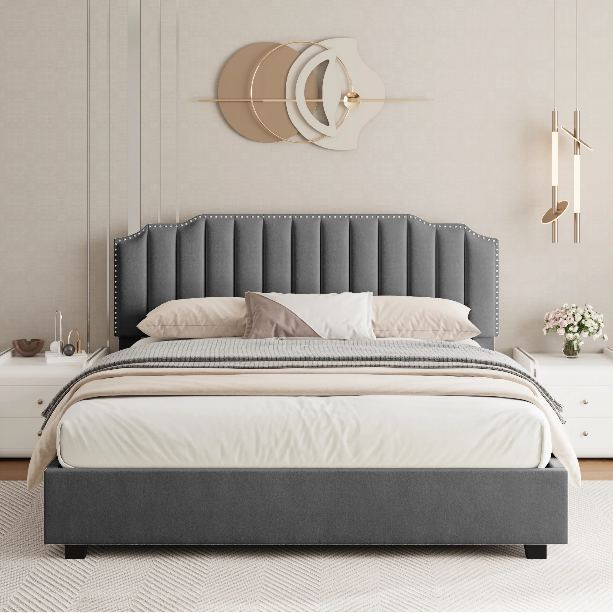 SunFurnn Full Size Storage Bed, Velvet Upholstered Platform Bed with Tufted Headboard and Wooden Slat, Bedroom Furniture Double Size Bed Frame, Gray