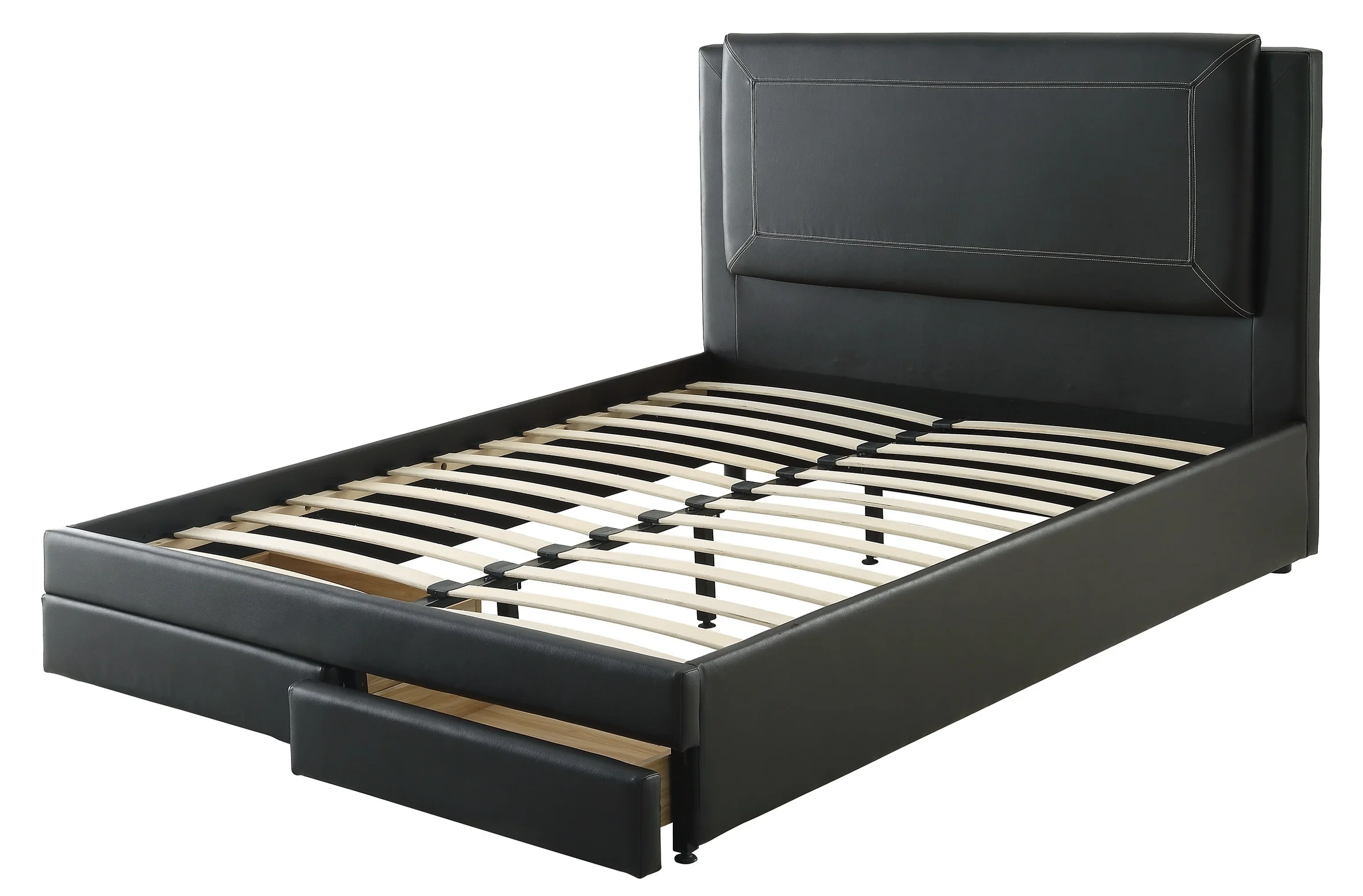 Stylish Modern Black Faux Leather Queen Size Bed 1pc Bedframe Master Bedroom Furniture Storage Footboard Upholstery Headboard