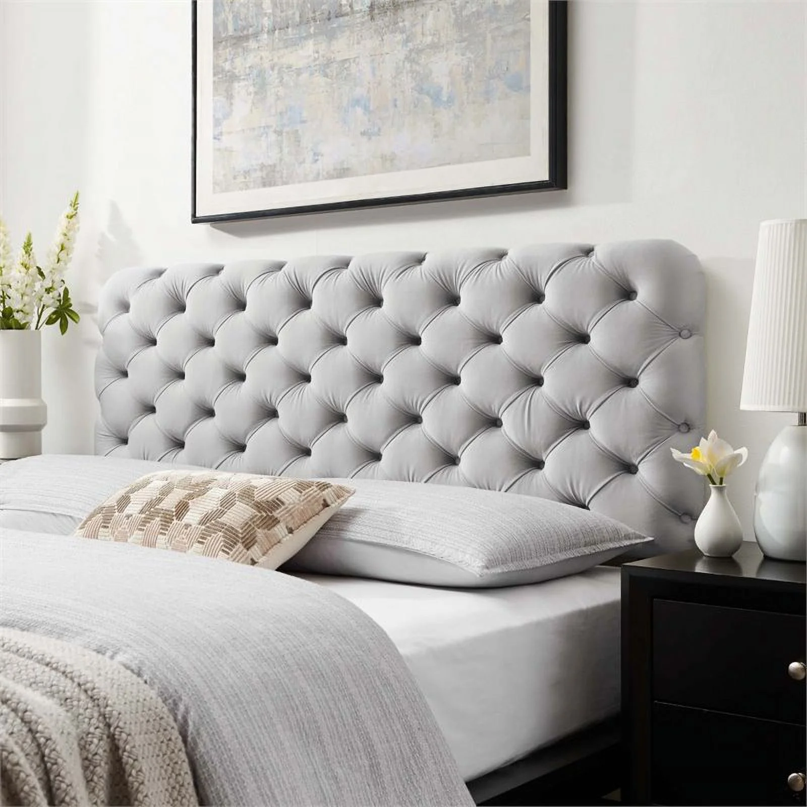 Pemberly Row Perfomance Velvet Tufted Full-Queen Headboard in Light Gray