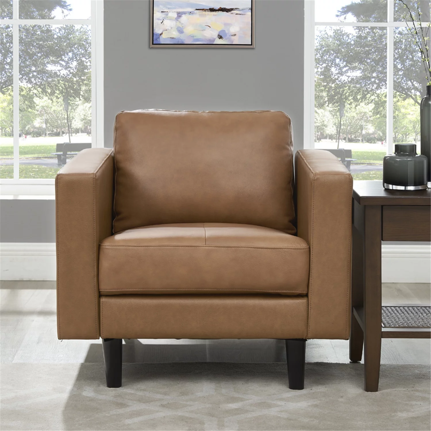 Modern Tight Back Upholstered Top Grain Genuine Leather Accent Chair, Single Sofa Chair with Armrest for Living Room, Apartment, Small Spaces, Leather, Tan