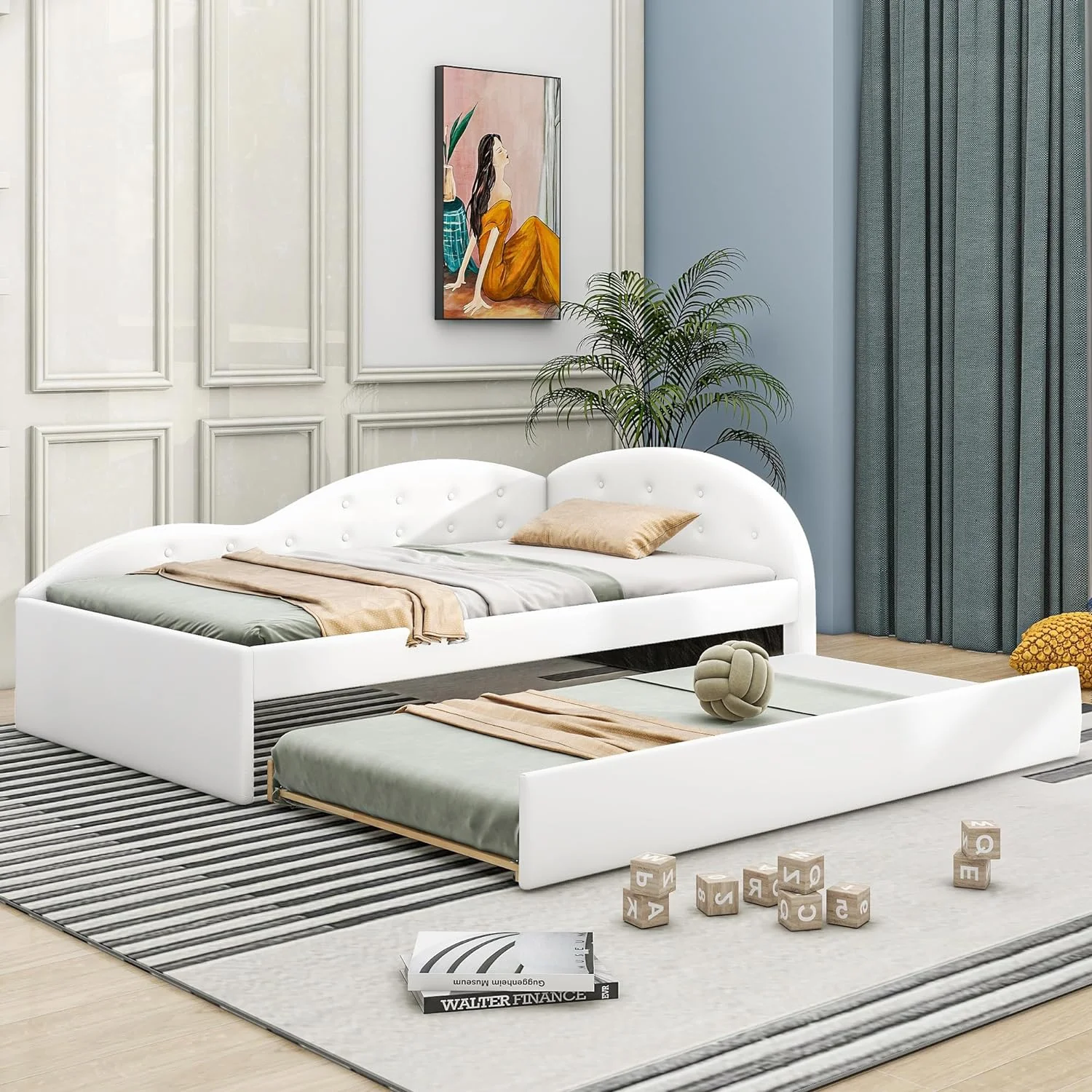 Size Daybed Wih rudle, Faux Leaher Upholsered Day Bed Frame, Boom ufed Sofa Bed Wih Cloud Shaped Rails For Bedroom Livig Room Gues Room, Whie