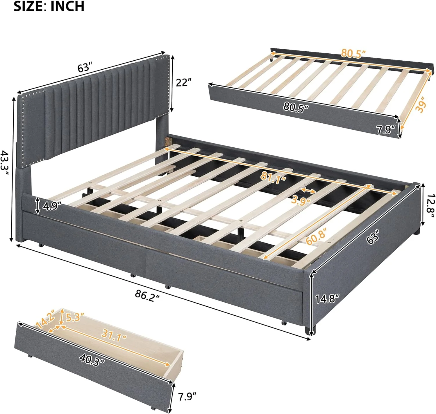 Quee Upholstered Platform Bed With XL Trudle Ad 2 Storage Drawers, Woode Quee Bed Frame With Lie Headboard, o Box Sprig eeded (Quee Size, Gray)