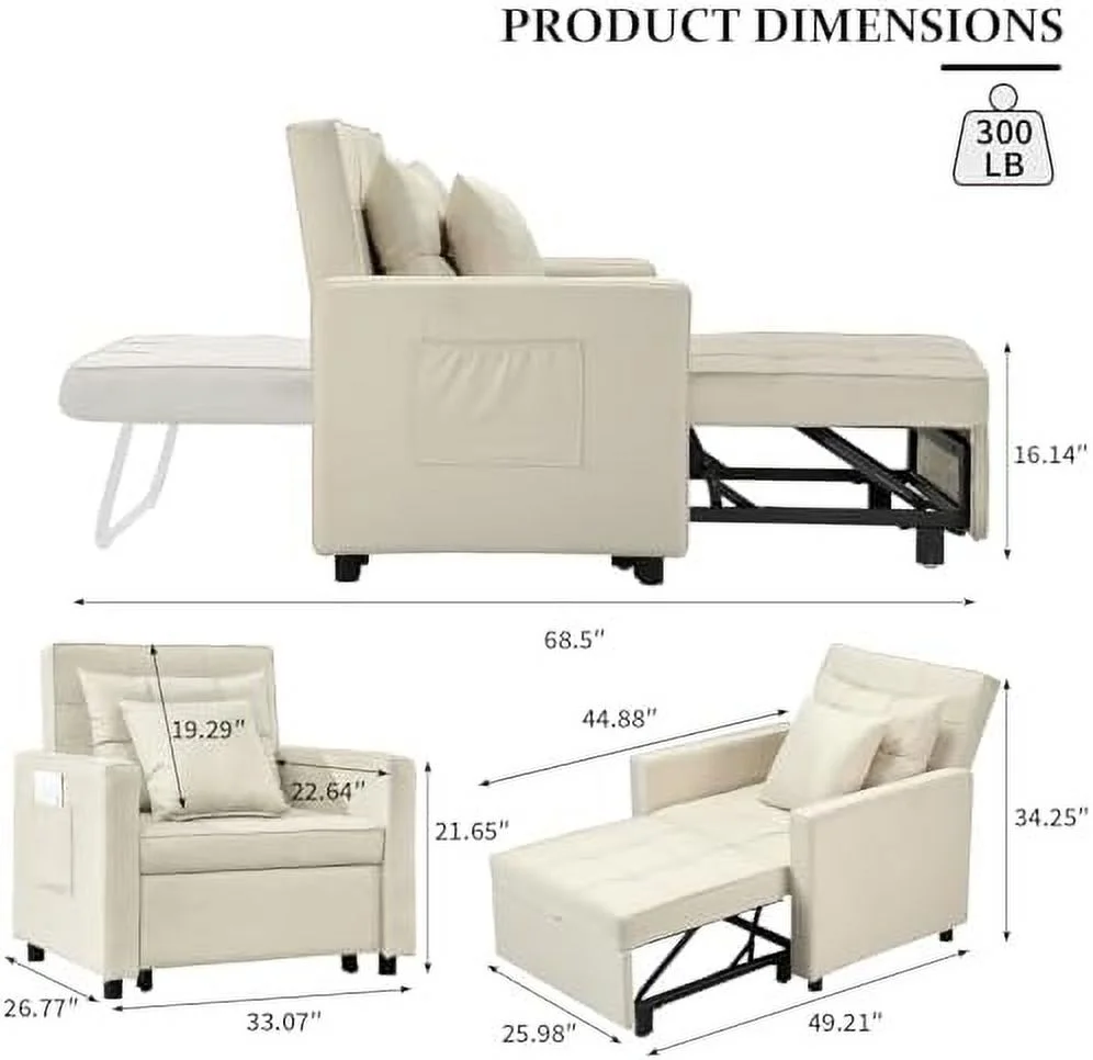 GEROBOOM Convertible Chair Bed  3-in-1 Folding Sofa Bed Chair with Adjustable Backrest  Multi-Functional Pull Out Sleeper Chair Bed Single Armchair Sofa Bed with Side Pocket (White)