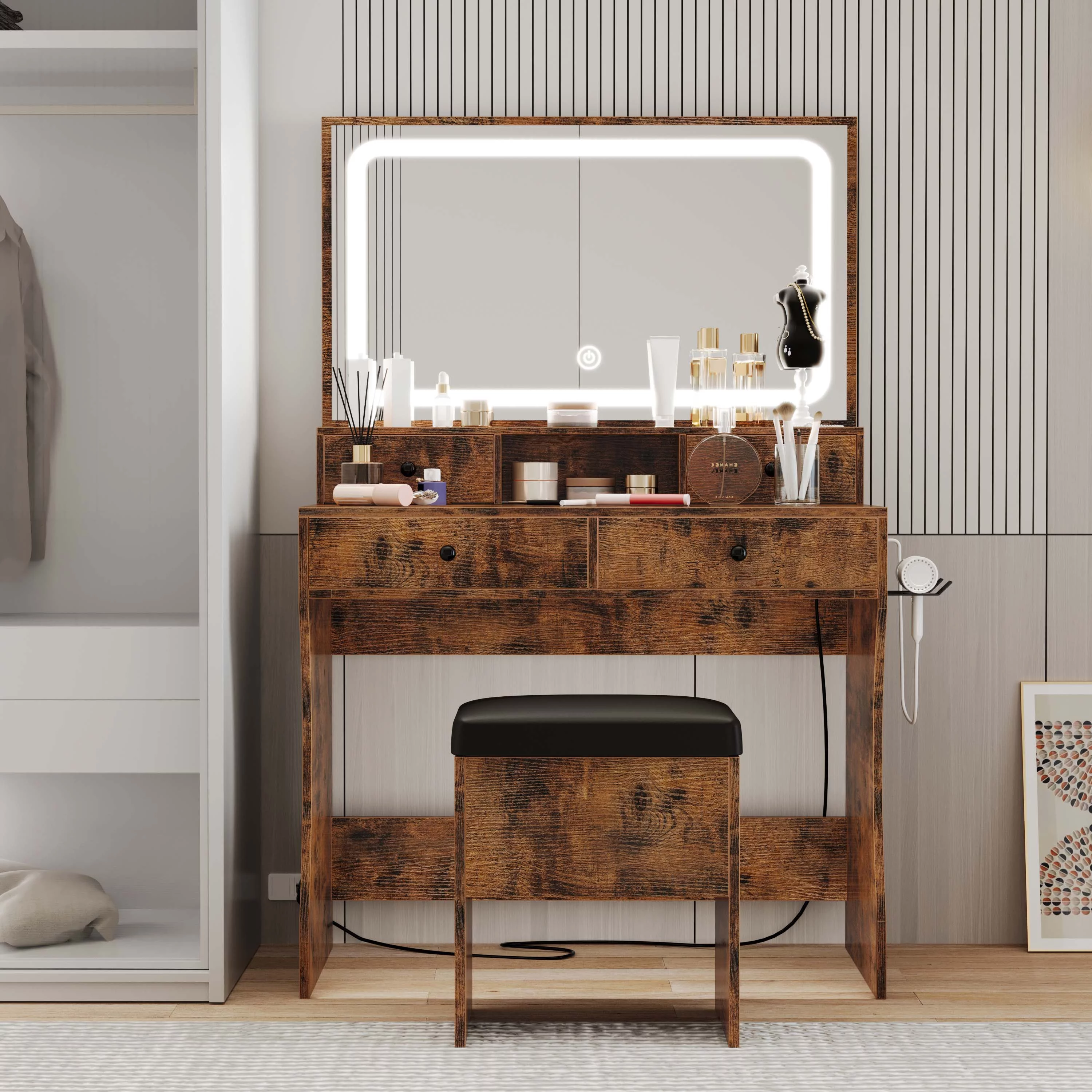 LIKIMIO Vanity Desk, Bedroom Makeup Table with 4 Drawers,Storage Stool, Vintage Brown