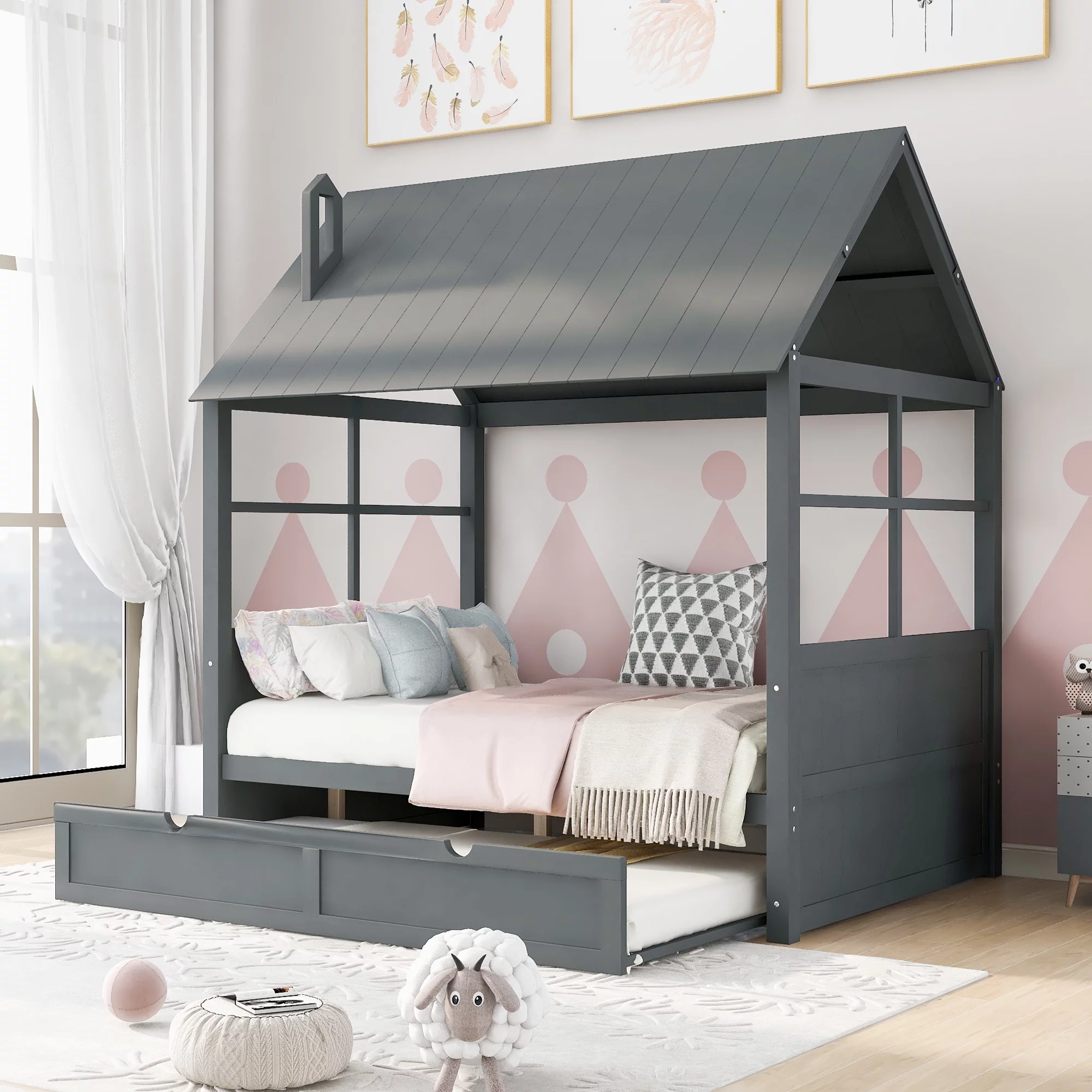 Wooden Tent Bed with Roof and Chimney Design for Toddlers, Full House Beds with Twin Size Trundle for Kids, Wood Floor Bed Frame Bedroom Furniture for Girls Boys(Gray)