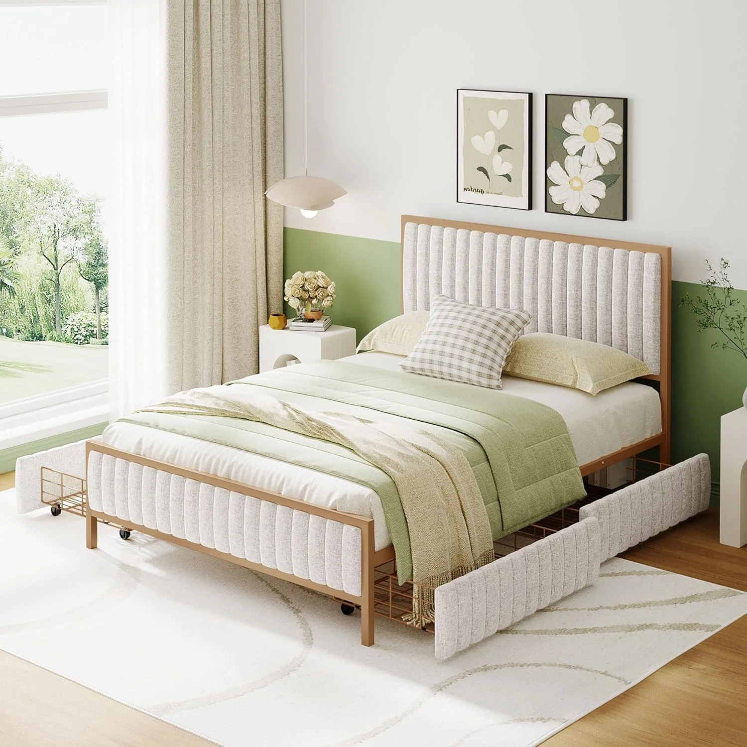 Full Size Upholstered Bed Frame with 4 Drawers, Linen Platform Storage Bedframe Mattress Foundation, Heavy Duty Metal Slats Support, No Box Spring Needed