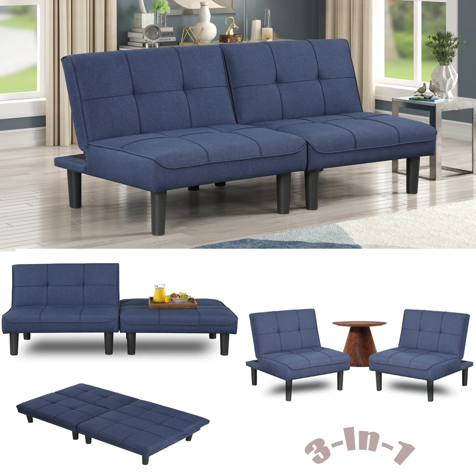 OUllUO 3-In-1 Convertible Futon Sofa Bed Twins, Loveseat Futon Couch Daybed with Folding Adjustable Backless, 2 Piece Small Futon Couch Chairs for Living Room, Dark Blue Fabric 306BL1-2Pcs