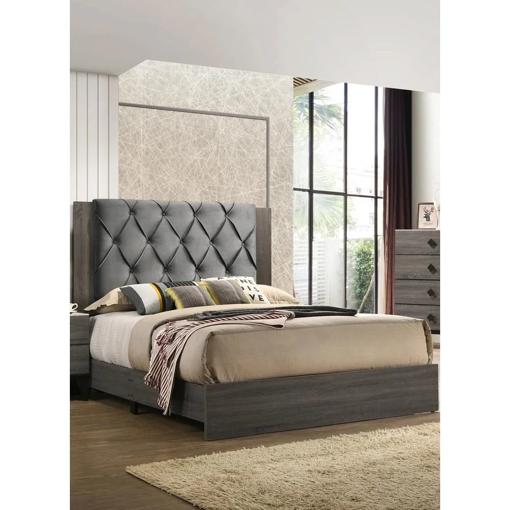 Madelyn California King Panel Bed in Walnut and Tufted Headboard