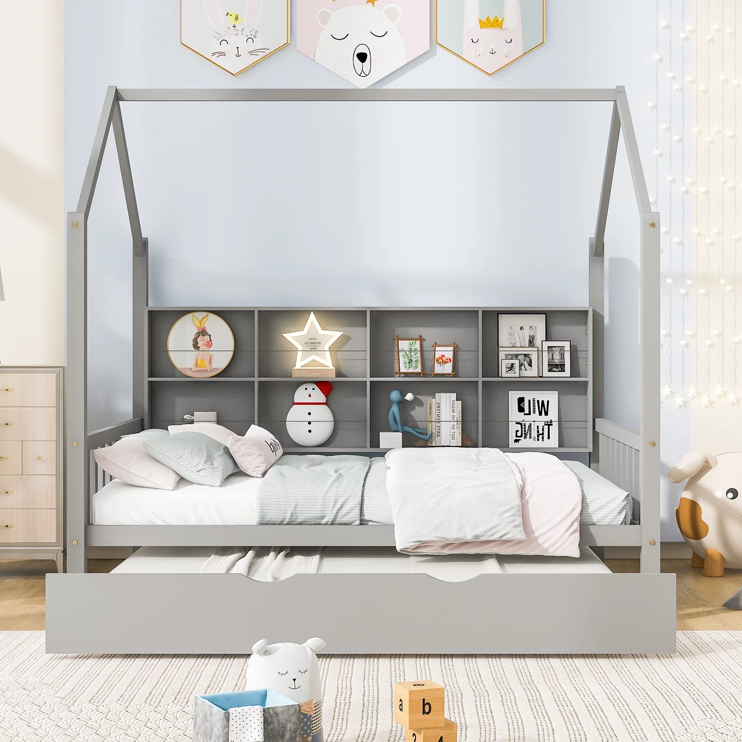Churanty Full Size House Bed with Trundle and Storage Shelves Kids Montessori Bed Wood Playhouse Tent Bed Frame for Girls Boys,Gray