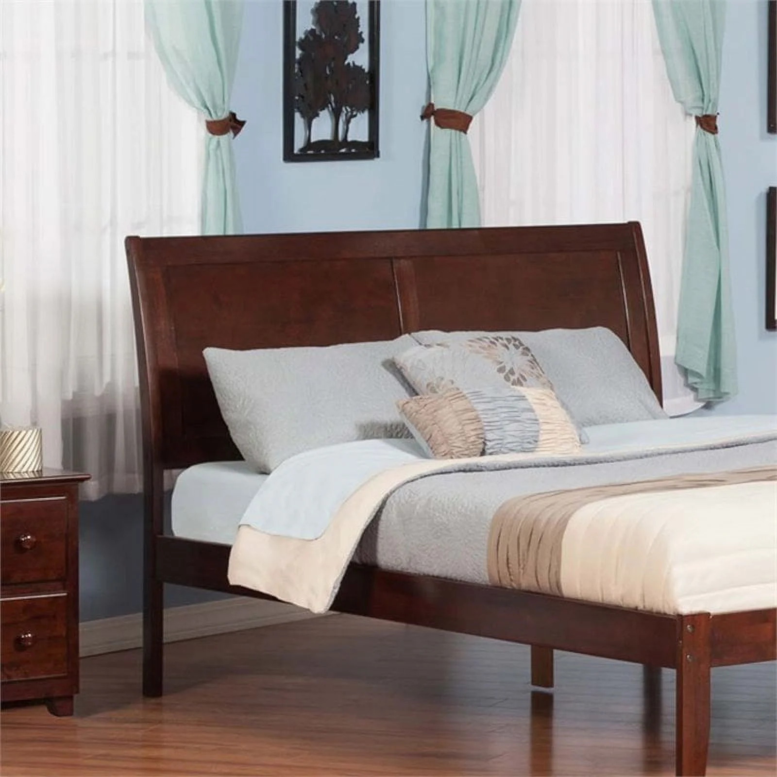 Leo & Lacey Modern Wood Queen Sleigh Headboard w/ USB Charging Station in Walnut