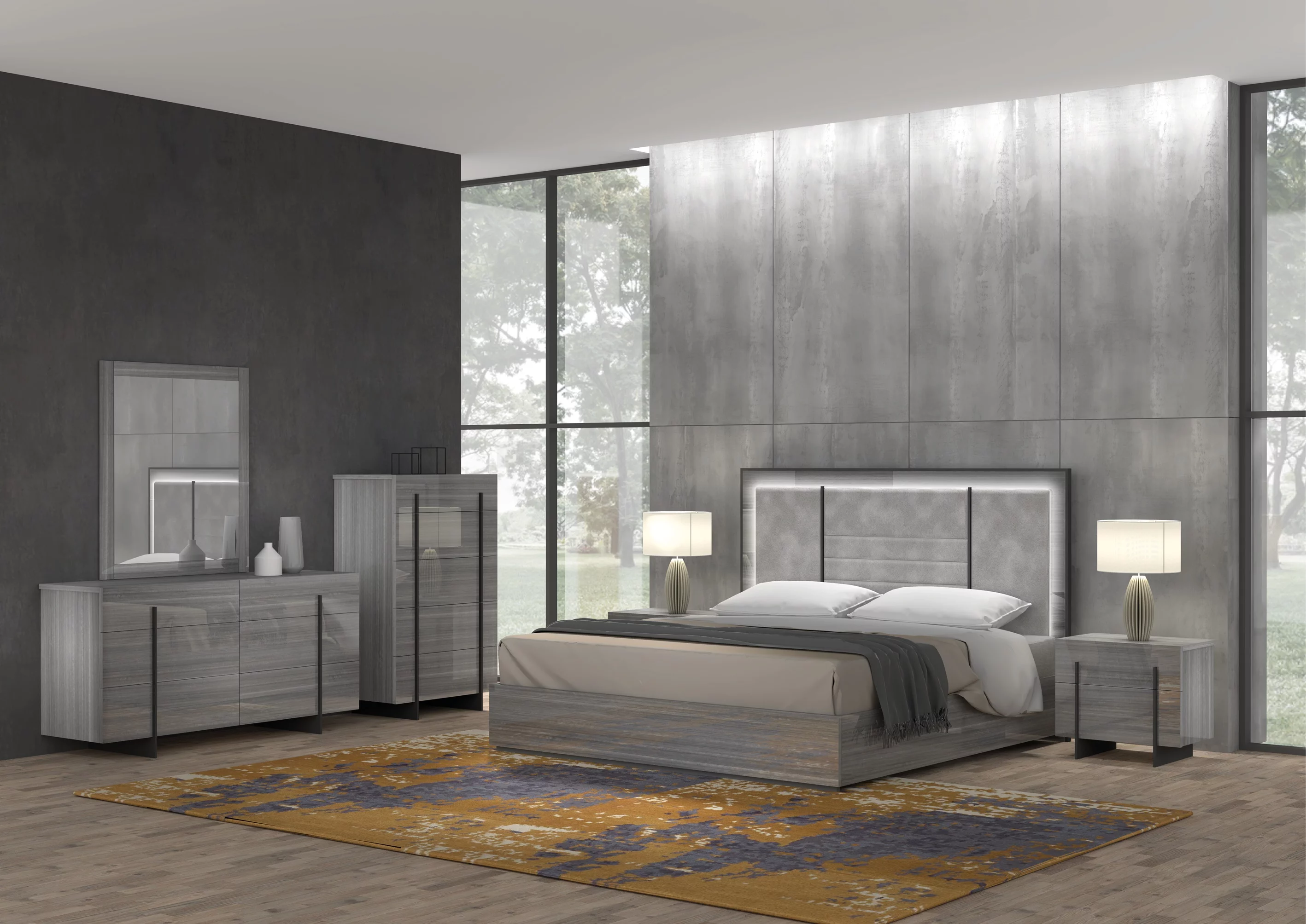 J&M Furniture Blade Premium Bedroom with 6 piece king bed, chest, dresser, mirror and 2 nightstand, king bedroom set