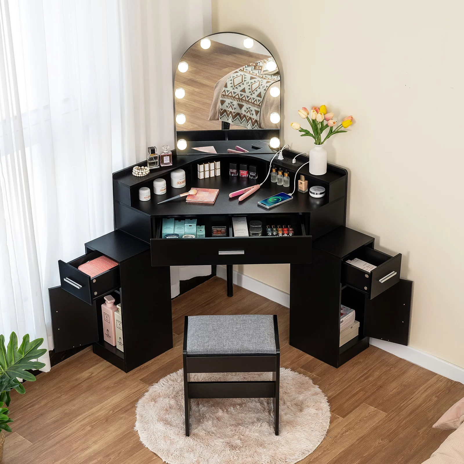 usikey Corner Vanity Set with Fan-Shaped Mirror and Charging Station, Makeup Vanity Table with 10 LED Lights, 3 Drawers & Retractable Side Cabinets and Cushioned Stool for Bedroom,Black YSZT035HN