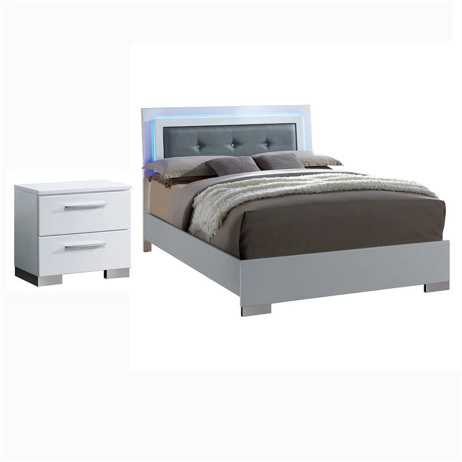 FOA Rayland 2pc Glossy White Wood Bedroom Set - Full + Nightstand