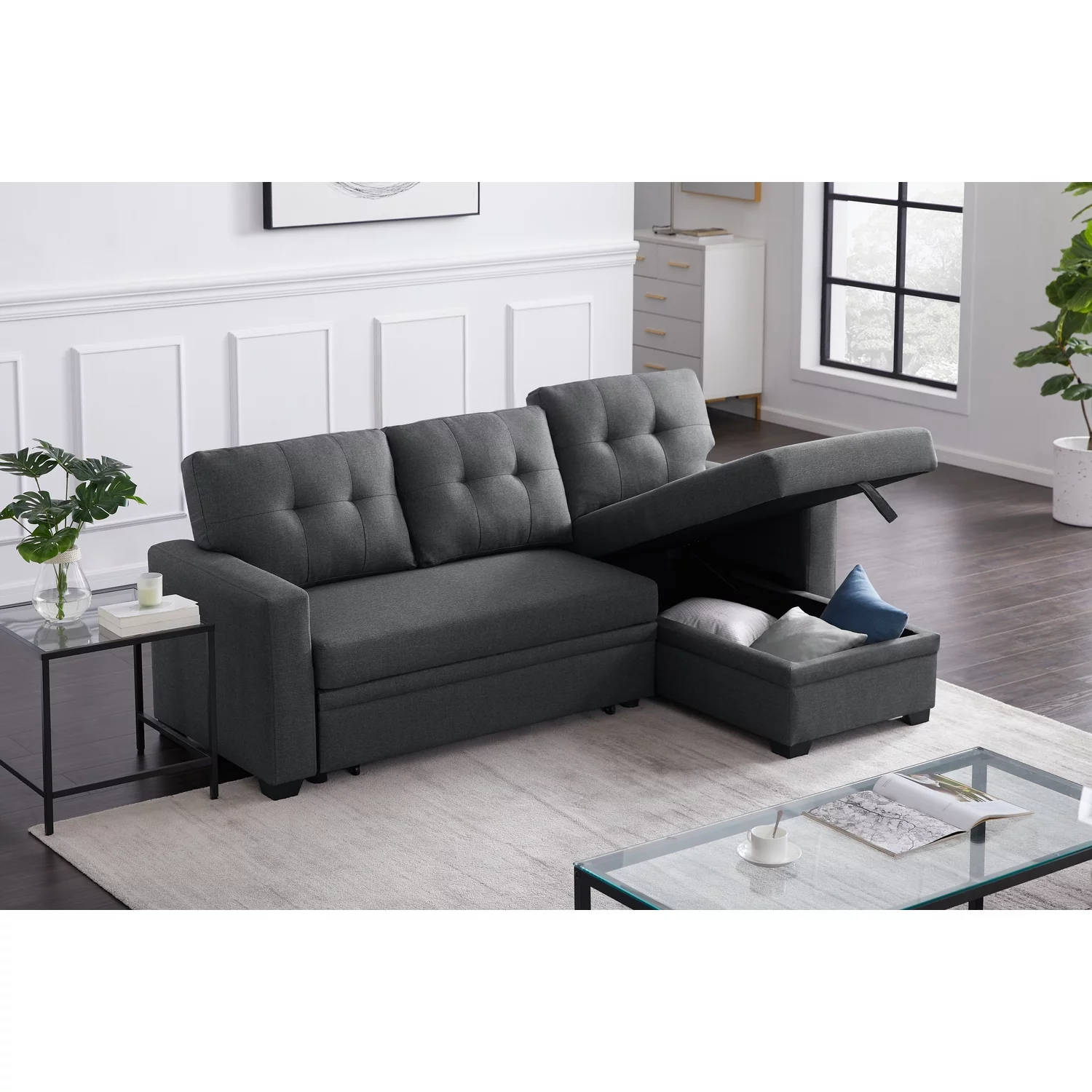 Devion Furniture Polyester Fabric Reversible Sleeper Sectional Sofa-Dark Gray