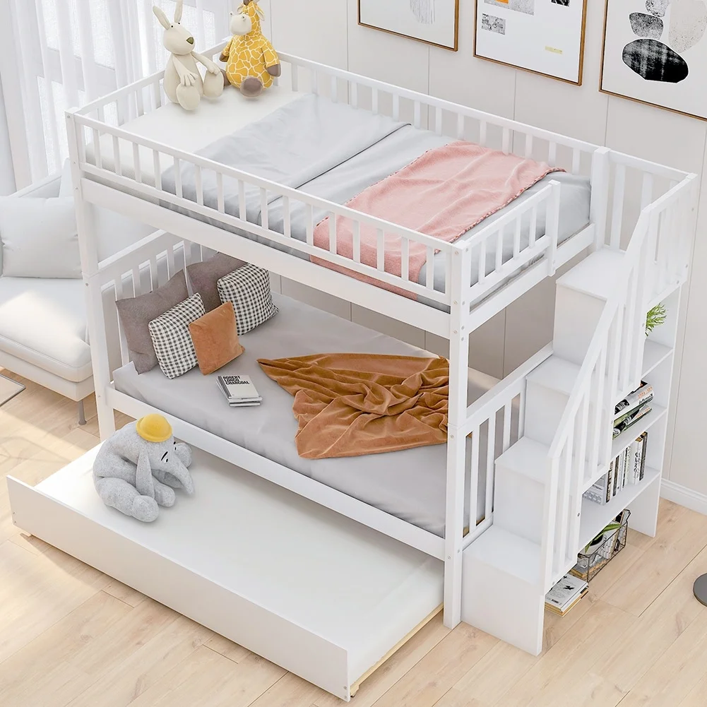LivEditor Twin over Twin Solid Wood Bunk Bed with Trundle and Storage White