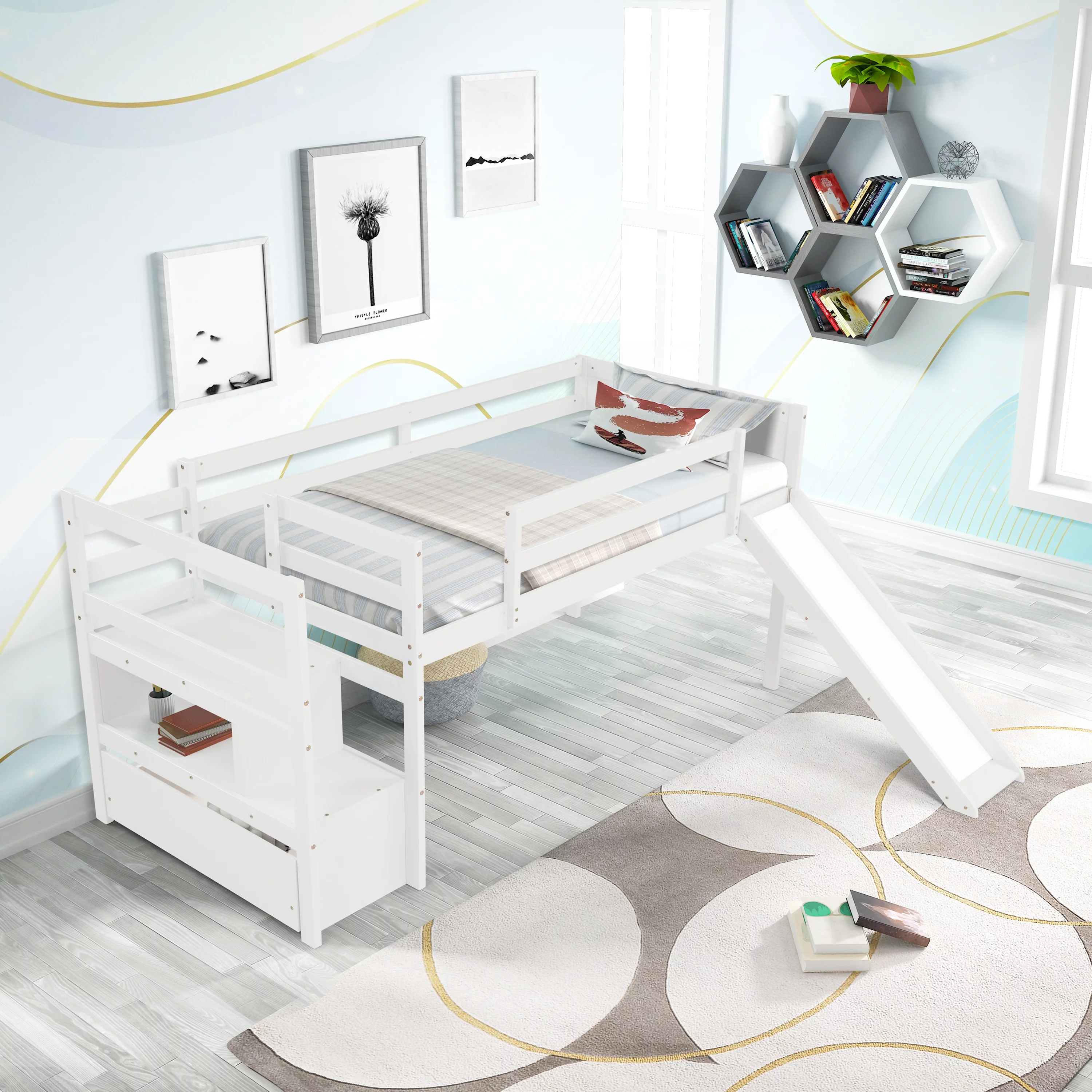 Bed Daybed, Twin Size Low Loft Bed Frame with Stairs and Slide, Twin Daybed for Kids, No Box Spring Needed