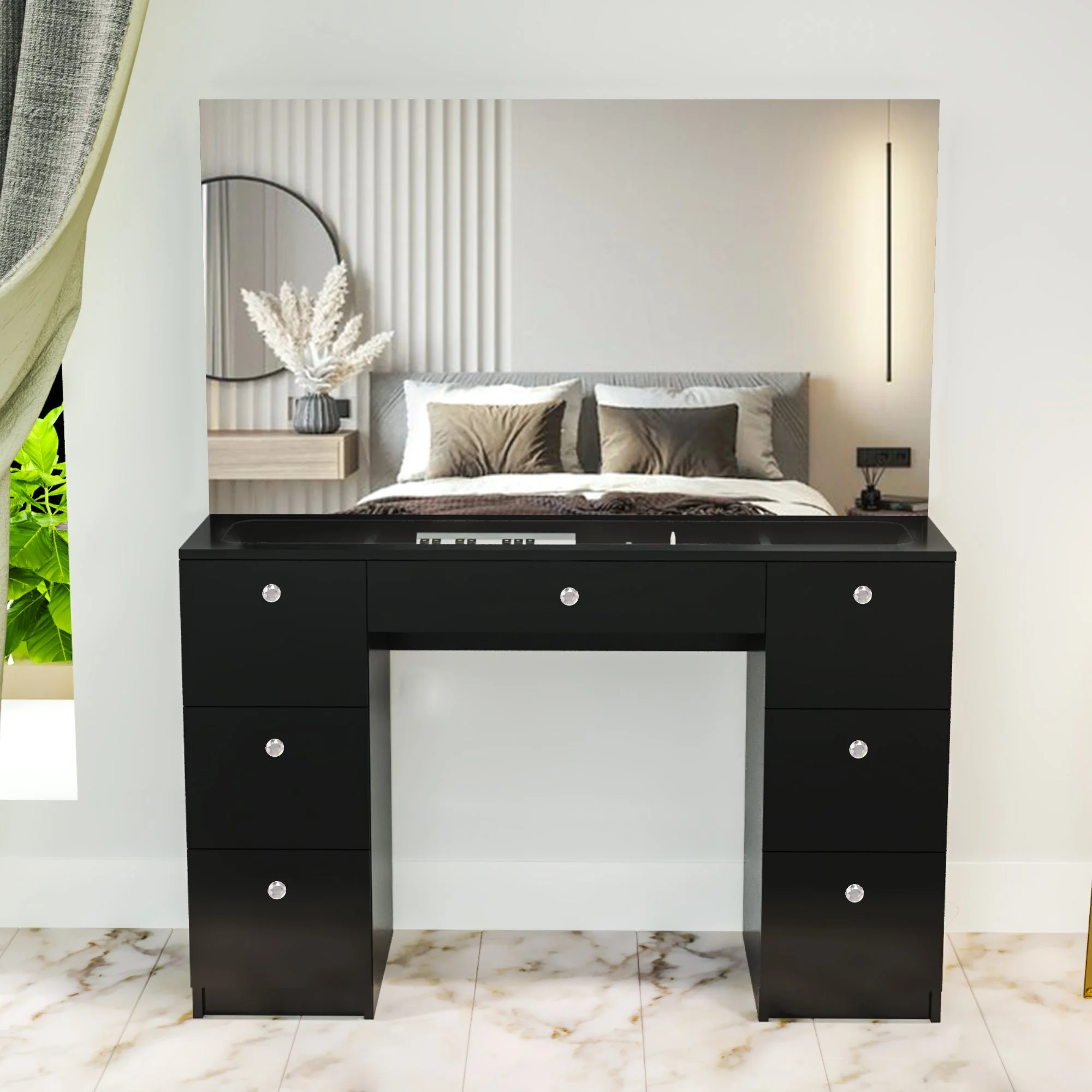 Boahaus Venus Modern Vanity, Wide Mirror, 7 Drawers and Crystal Knobs, Black, for Bedroom