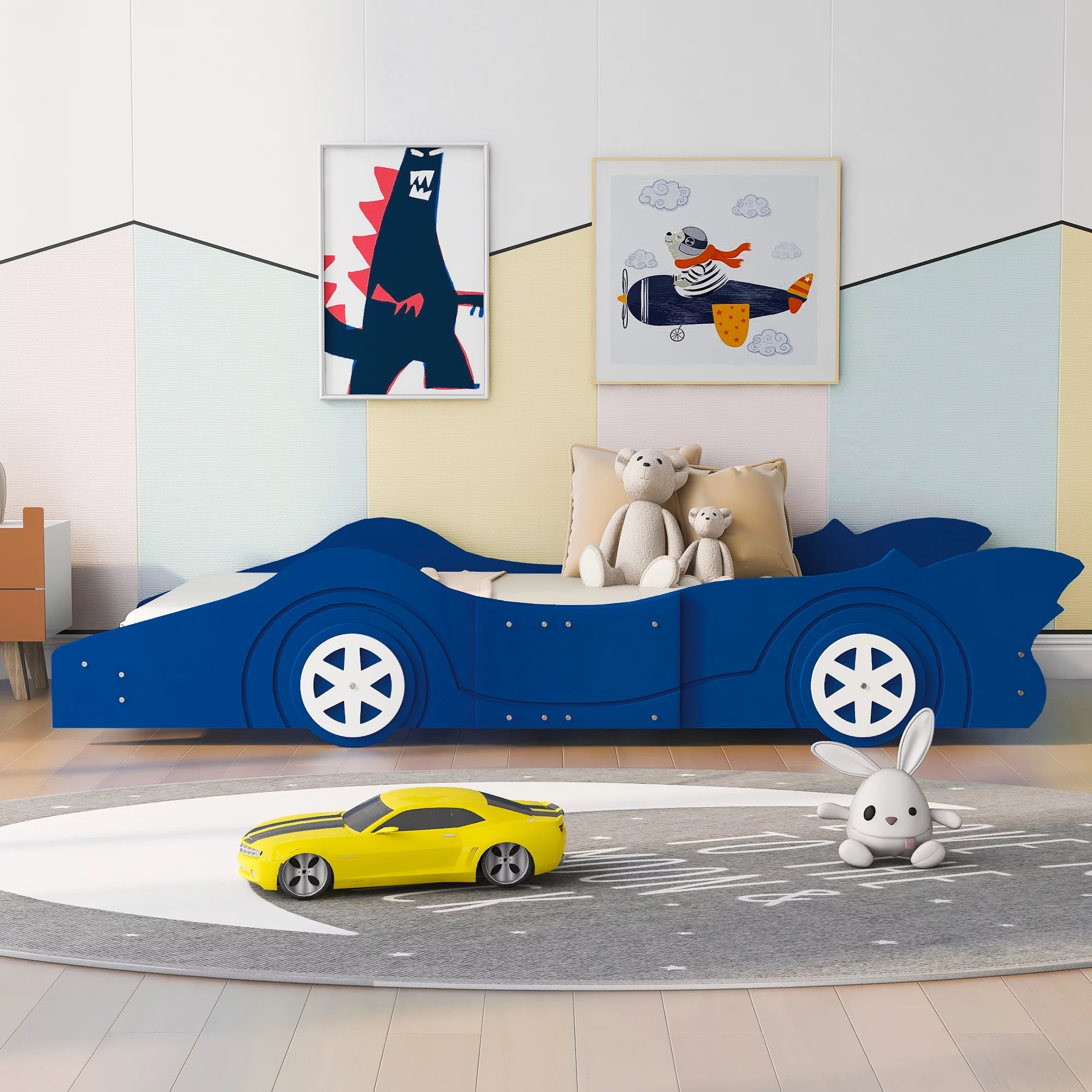 Sesslife Car-Shaped Twin Size Platform Bed with Wheels, Solid Wood Platform Bed for Kids Boys Girls, No Box Spring Needed, Lovely Twin Race Car-Shaped Bed Frame, Blue
