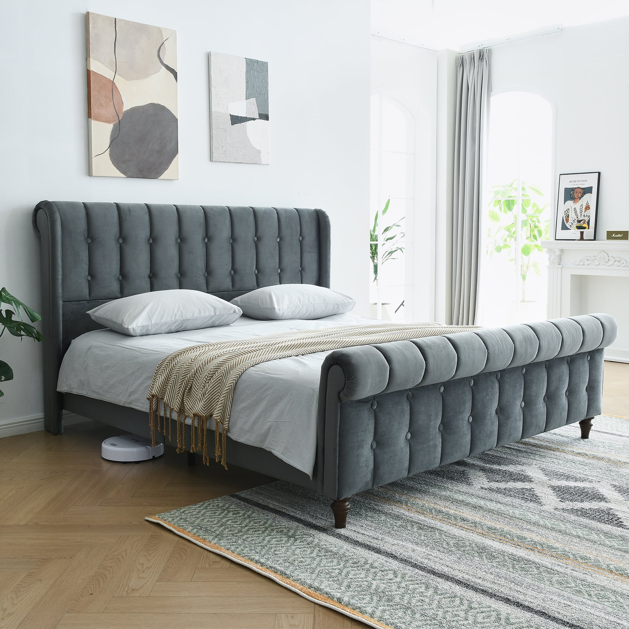 King size Regal Chesterfield-Style Tufted Sleigh Bed with Textured Upholstery and Dark Wood-Effect Feet - No Box Spring Required ,Grey