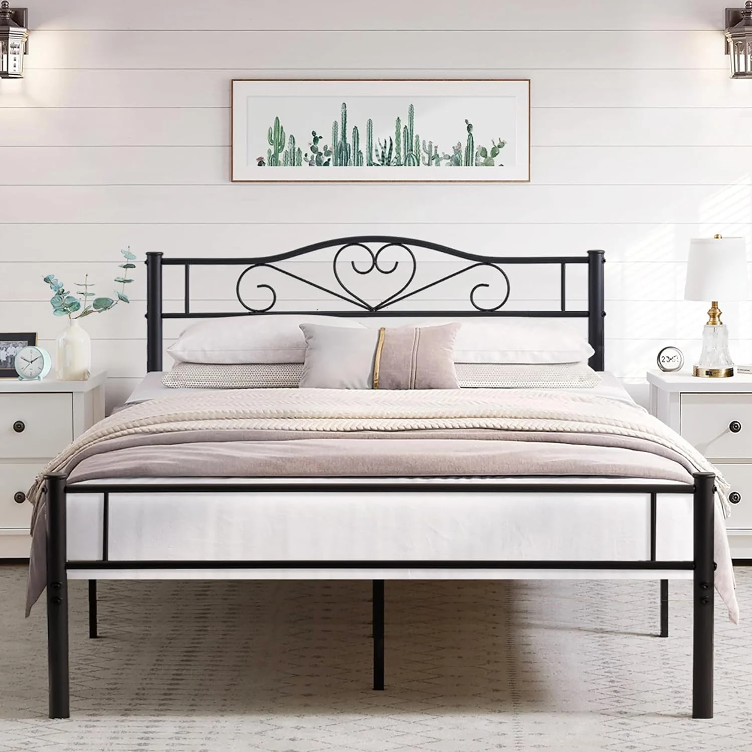 YGDU Metal Platform Bed Frame Mattress Foundation, Decorative Headboard & Footboard with Heavy Duty Support, Full, Black
