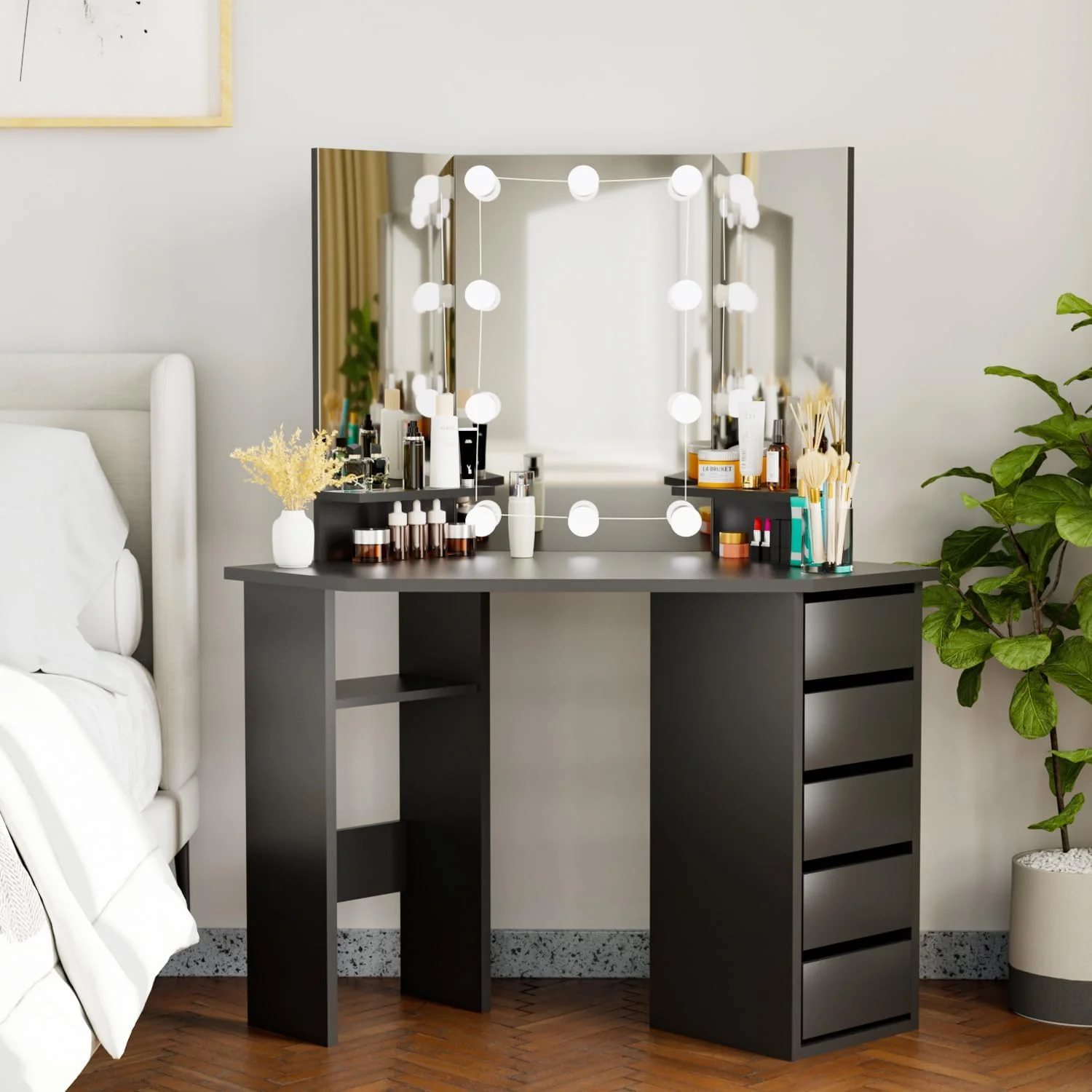 SEJOV Corner Vanity Desk with Tri-Flod Mirror, Lighted Makeup Vanity Table with 5 Drawers and Shelves for Bedroom, Vanity Dressing Table for Makeup, Black
