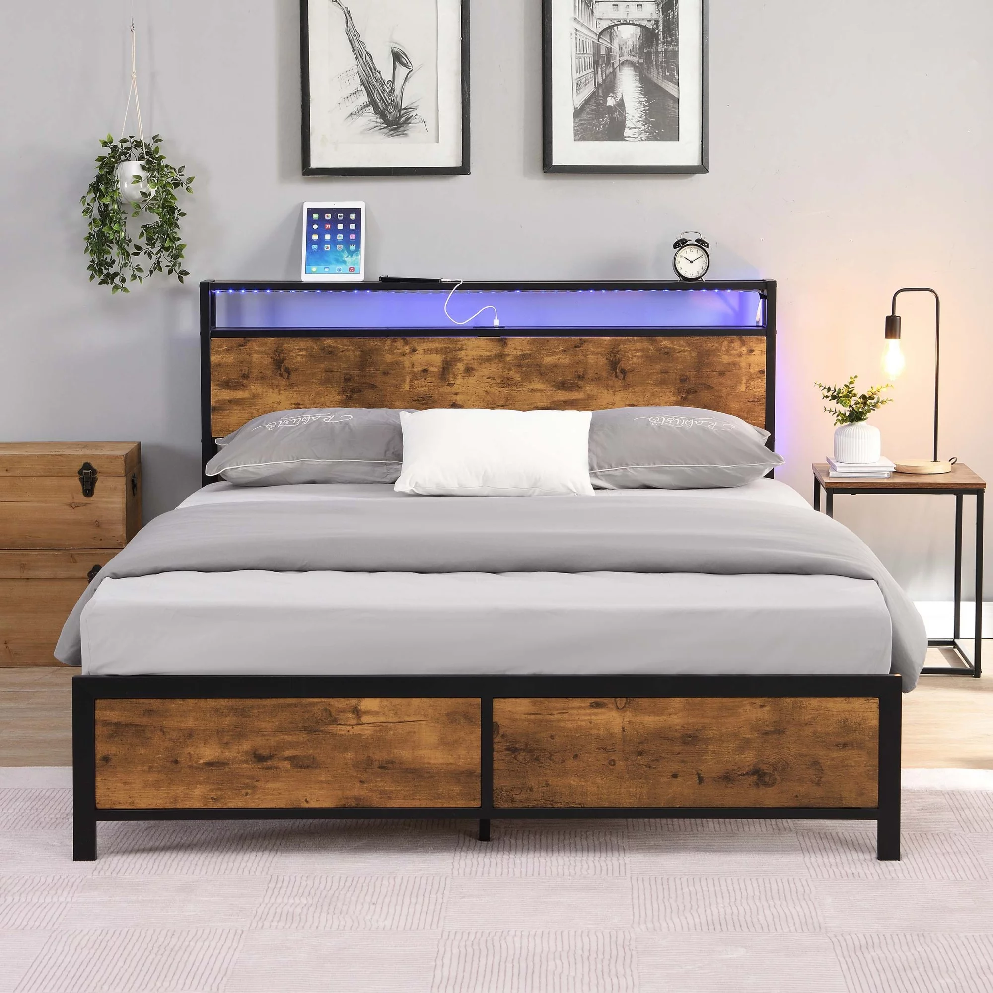 Rustic Industrial Queen Bed Frame with LED Lights, USB Ports, Storage - Queen Size, Rustic Brown