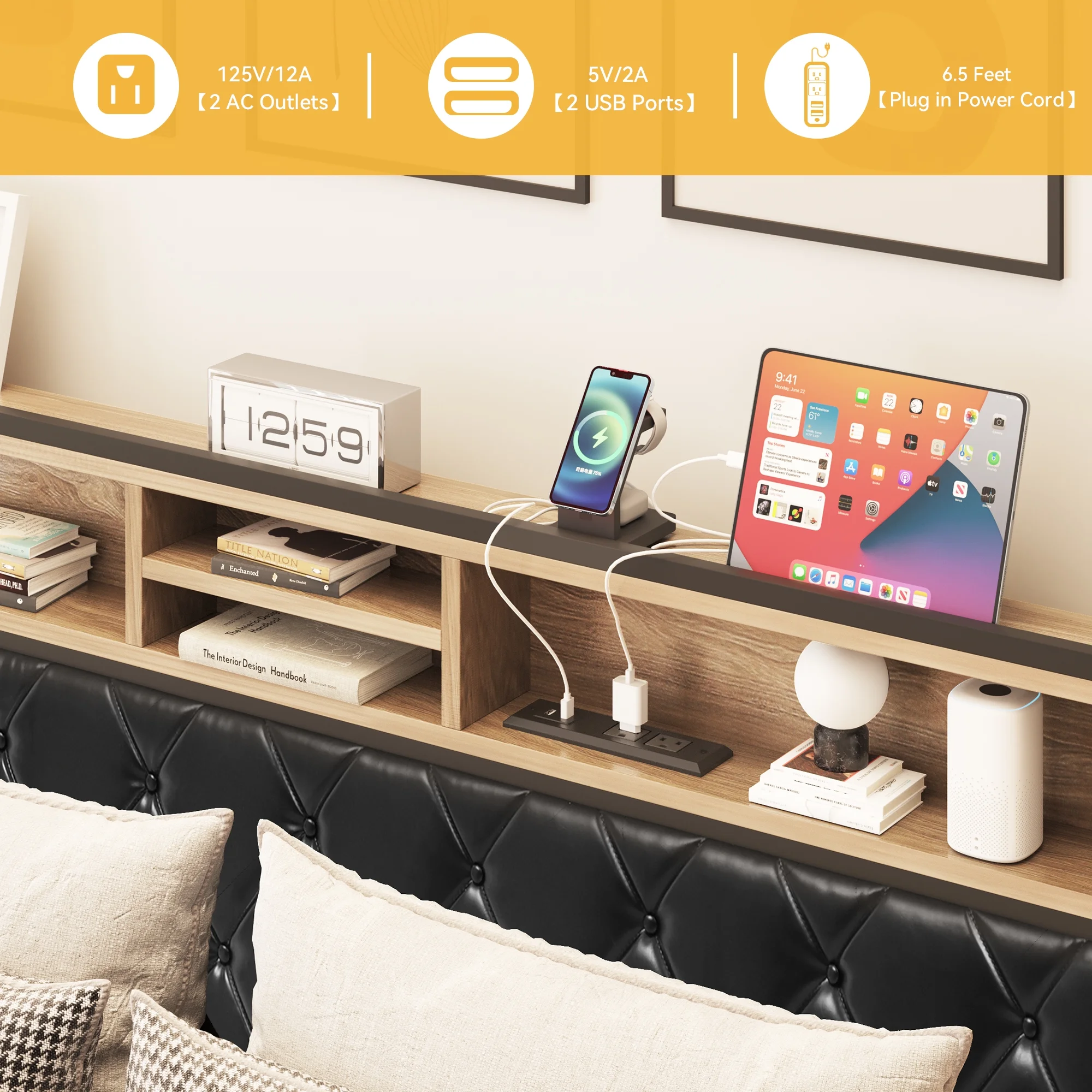 Dextrus Luxurious King Size Platform Bed Frame with Charging Station, Bookcase Headboard & Footboard, Strong Metal Slats, No Need for Box Spring, Elegant Black/PU Leather Finish