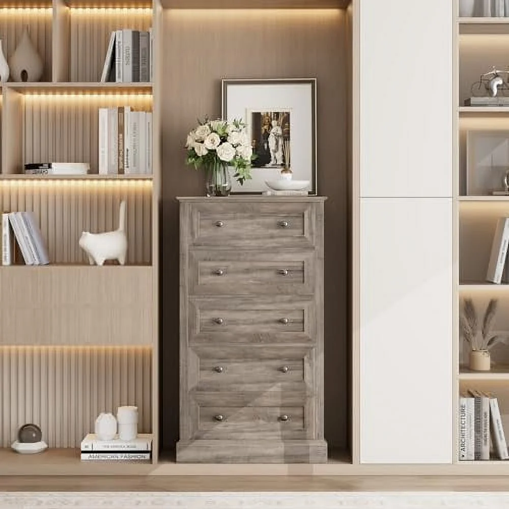 5 Drawer Dresser Tall Dresser with 5 Drawers Chest of Drawers Cabinet Wood Dresser for Hallway Living Room Wash Gray