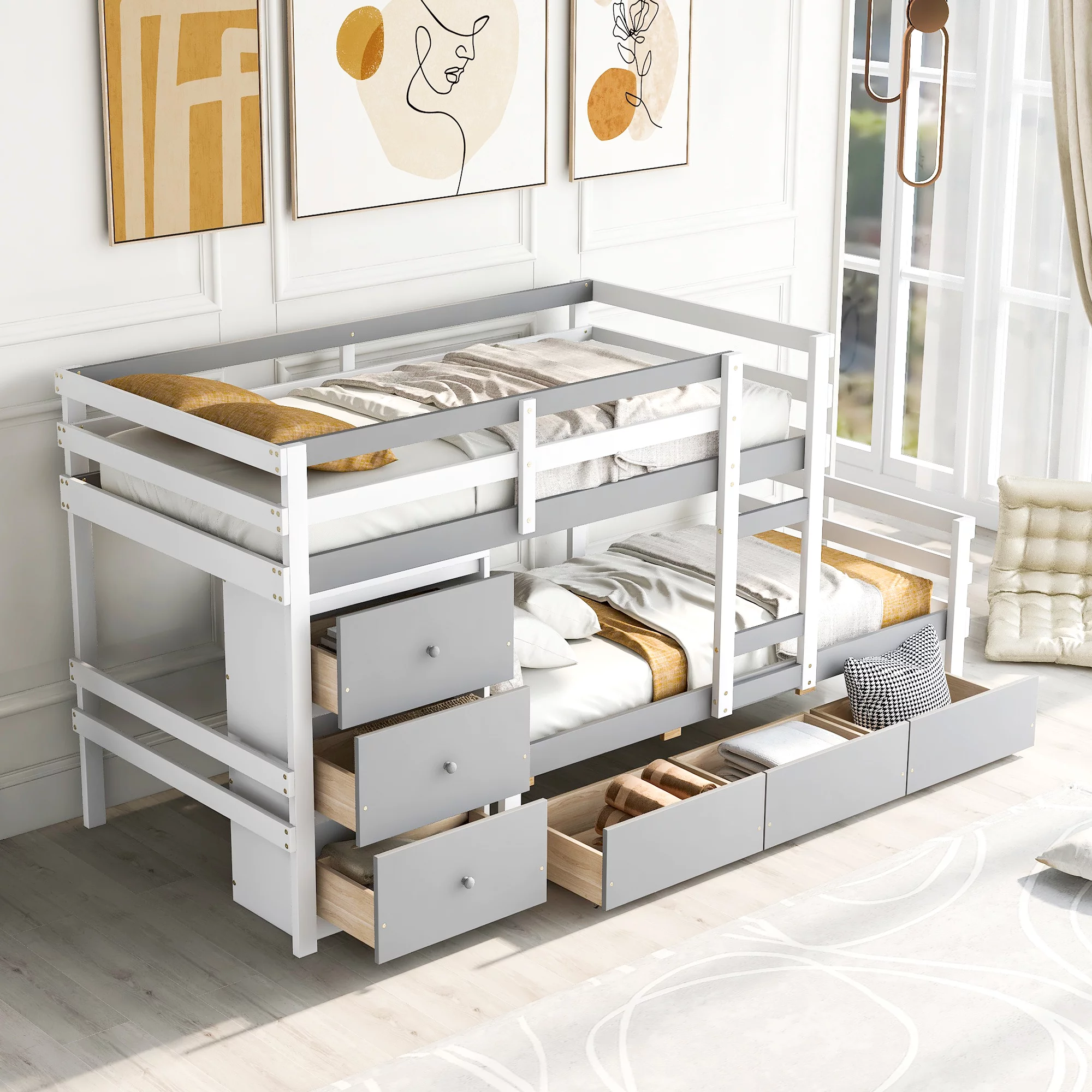 Churanty Twin Over Twin Bunk Bed with 6 Storage Drawers and Ladder, Solid Wood Space Saving Low Bunk Bed Frame for Kids Teens Bedroom Dorm,Gray