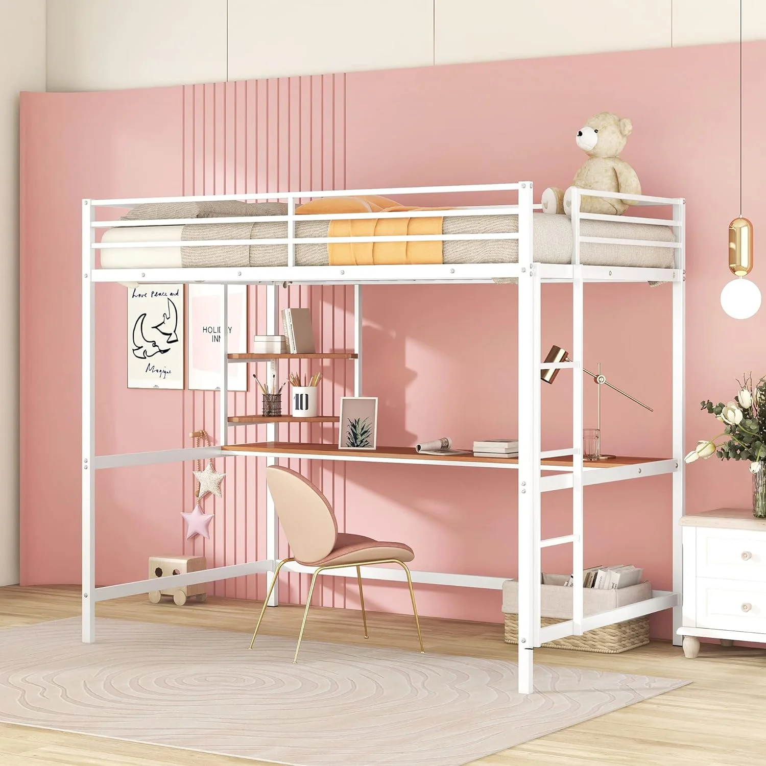 Full Size Metal Loft Bed With Long Desk, Shelves And Full Length Guardrails, Space-Saving Full Loft Bed For Bedroom, White