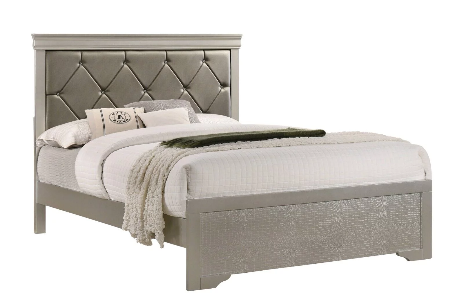 6Pc Silver Finish California King Size Panel Upholstery Bed Dresser Mirror Nightstand Chest Set Wooden Bedroom Furniture
